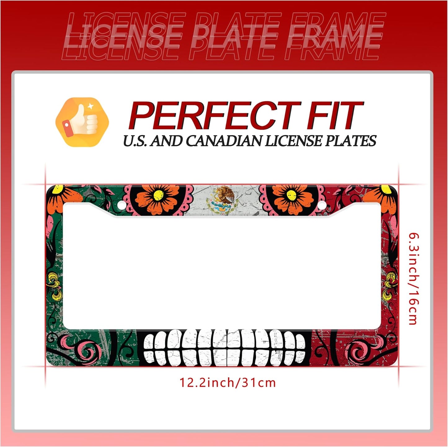 Personalized License Plate Frame Stainless Steel Mexico Flag Skull Funny Car License Plate Accessory Decorative 2 Holes and Screws Fits Us Standard License Plates Size: 12.2 X 6.3 Inch for Men Women