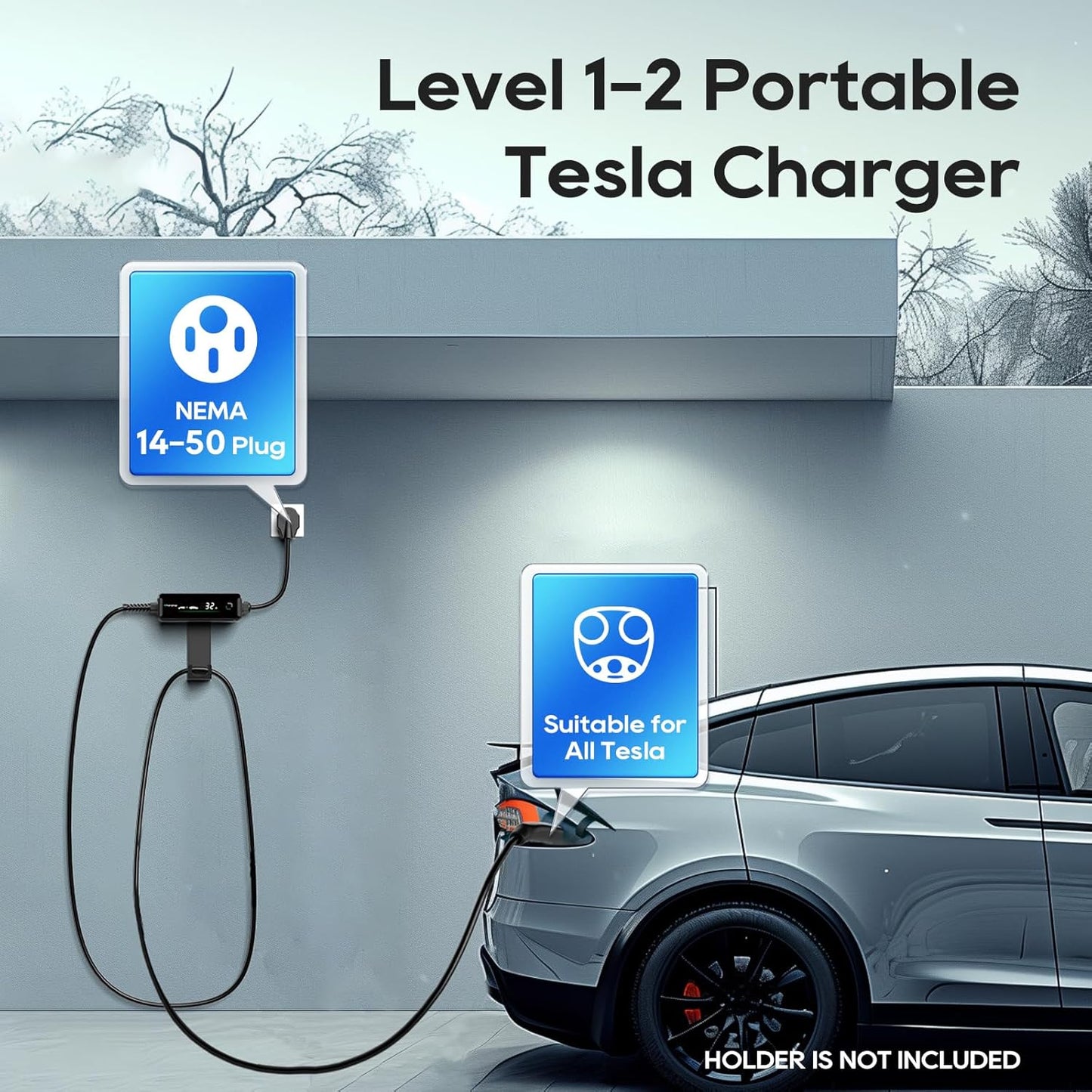 Level 1-2 Tesla Charger (32A,240V,NEMA 14-50P) with 25FT Charging Cable,ETL & FCC Listed,Home/Outdoor Portable Tesla Charger for All Tesla Models 3/Y/S/X/Cybertruck,Timing Delay