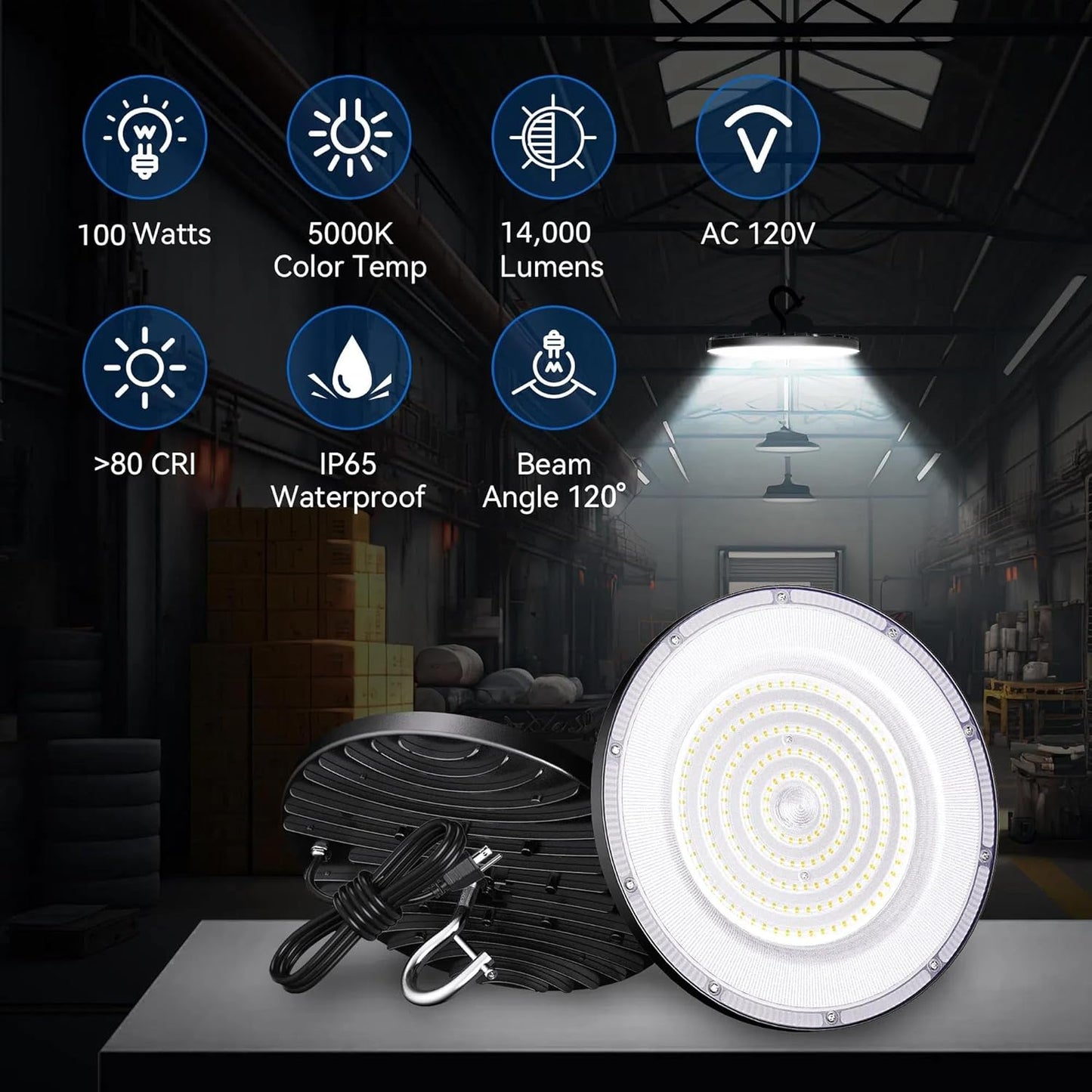 Led High Bay Light 100W, 14000lm 5000K UFO Bay Lighting with US Plug 5' Cable, 120V, IP65 Waterproof Commercial Lights Fixture for Workshop Factory Barn Garage, 4 Pack