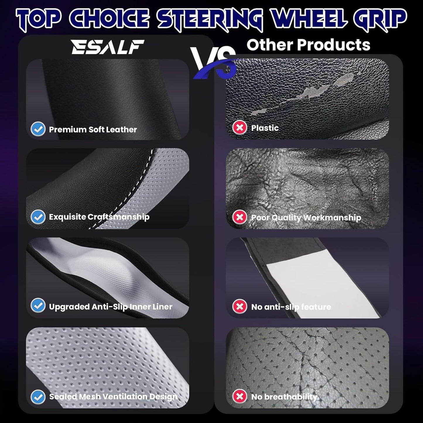 Soft Leather Steering Wheel Cover with Breathable Design and Anti-Slip Grip, Fully Compatible with Tesla, Toyota, Honda, Nissan 14.2-14.96 inch Round Steering Wheel（Sedans and SUVs）