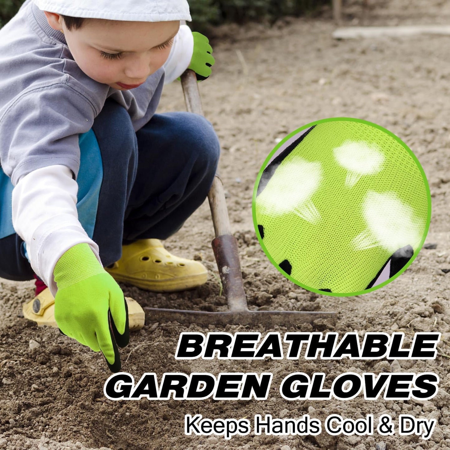 HANDLANDY 3 Pairs Kids Gardening Gloves Latex Free, Nitrile Coated Children Toddler Garden Yard Work Gloves for Little Girls Boys (Size L, Black-Green)