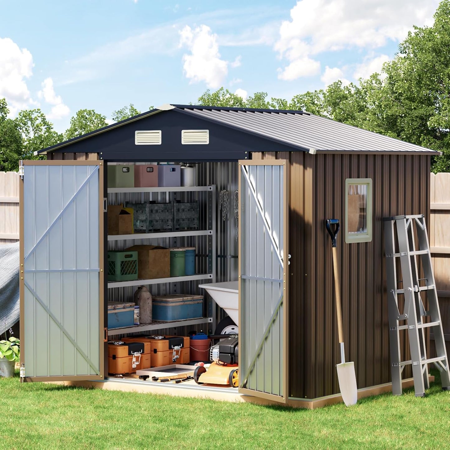 Breezz 8X6FT Outdoor Steel Storage Shed with Frame Floor,Clear Window, Lockable Doors, Weather-Resistant Metal Tool Shed for Garden, Backyard, Patio, and Utility Storage Brown
