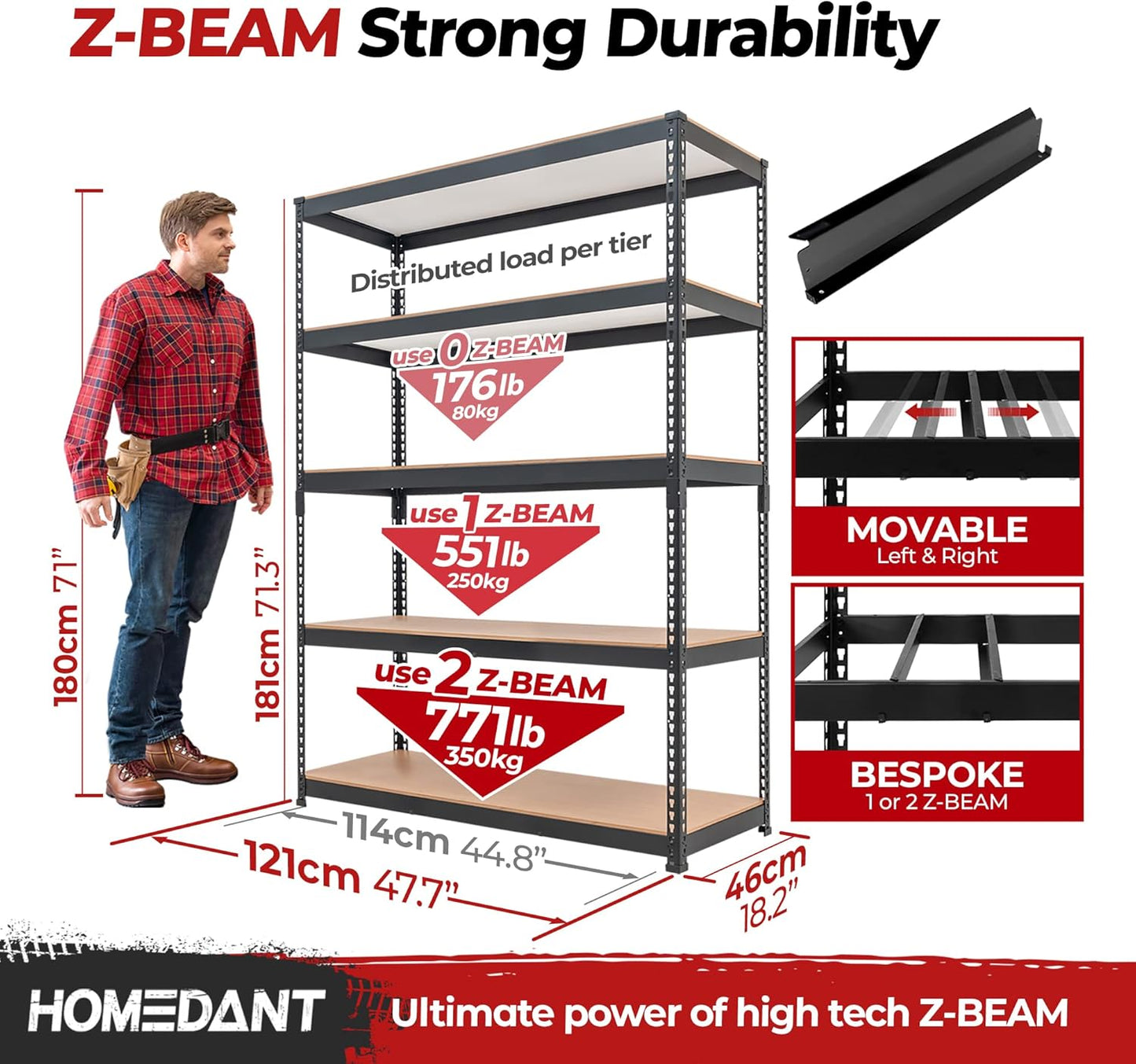 HOMEDANT 5 Tier Laminated Boltless Heavy Duty Garage Storage Adjustable Wide Size Metal Shelving Unit Utility Rack Shelves Organization Shelf Shed Warehouse 47.7" W x 18.2" D x 71.3" H 10Pack