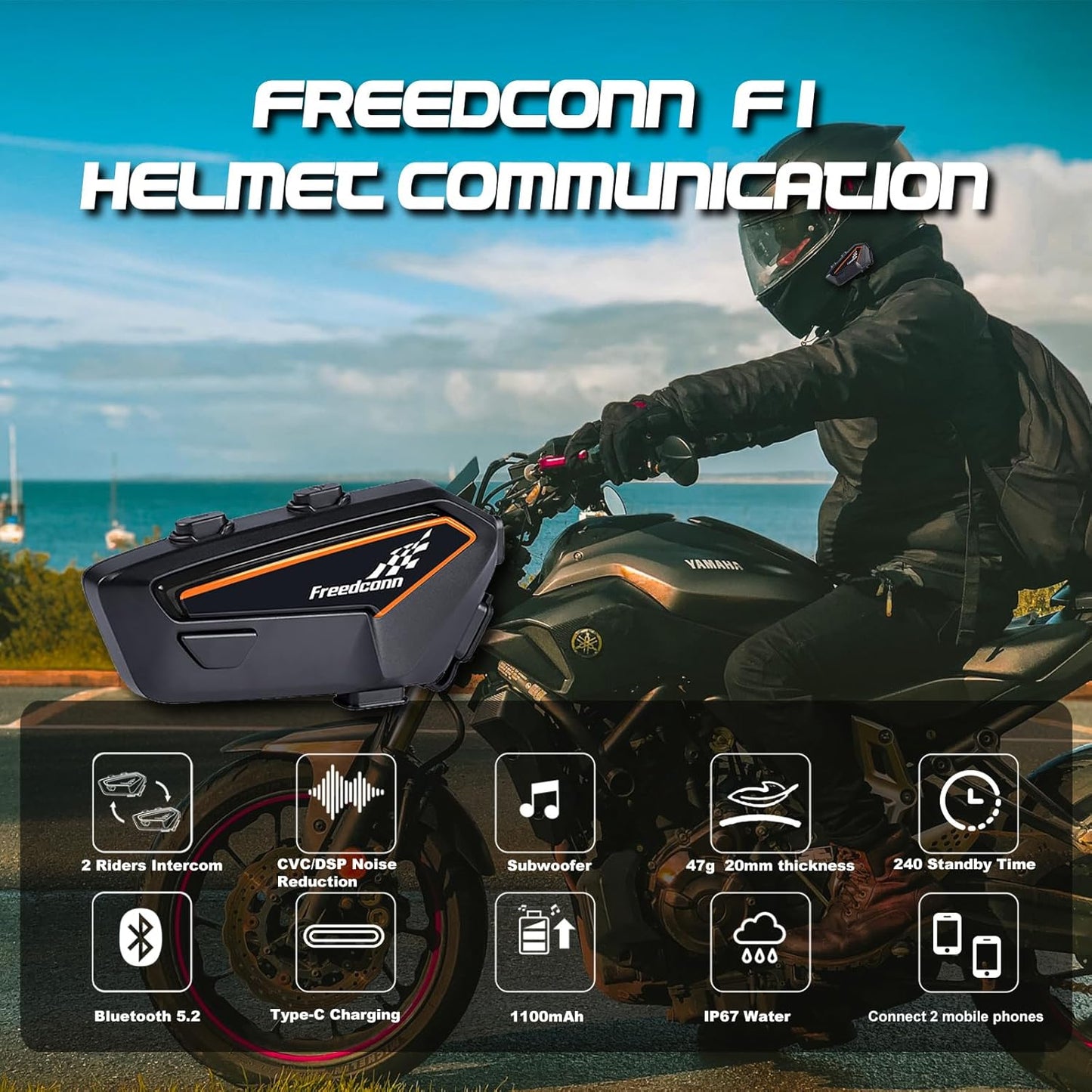 FreedConn F1 Motorcycle Helmet Bluetooth Headset with CVC Noise Cancellation, Stereo Music, Bluetooth 5.2, IP65 for Motorcycle Touring, Snowmobile/ATV