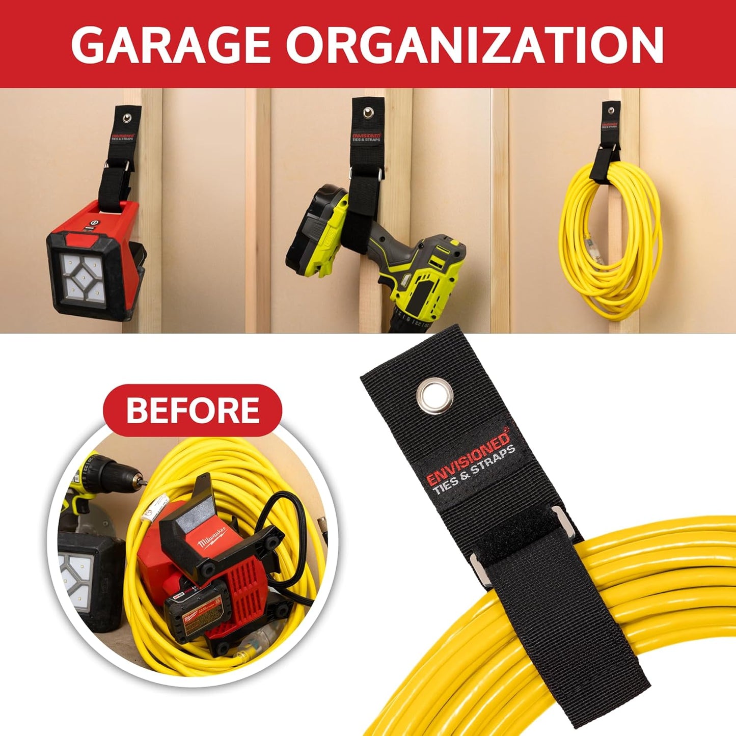 Heavy Duty Hanging Storage Cinch Straps with Metal Buckle (4 Pack, 1" x 8") - Electrical Extension Cord and Garden Hose Holder, Cable Management, Storage Organizer in Garage, RV, Workshop - ENVISIONED