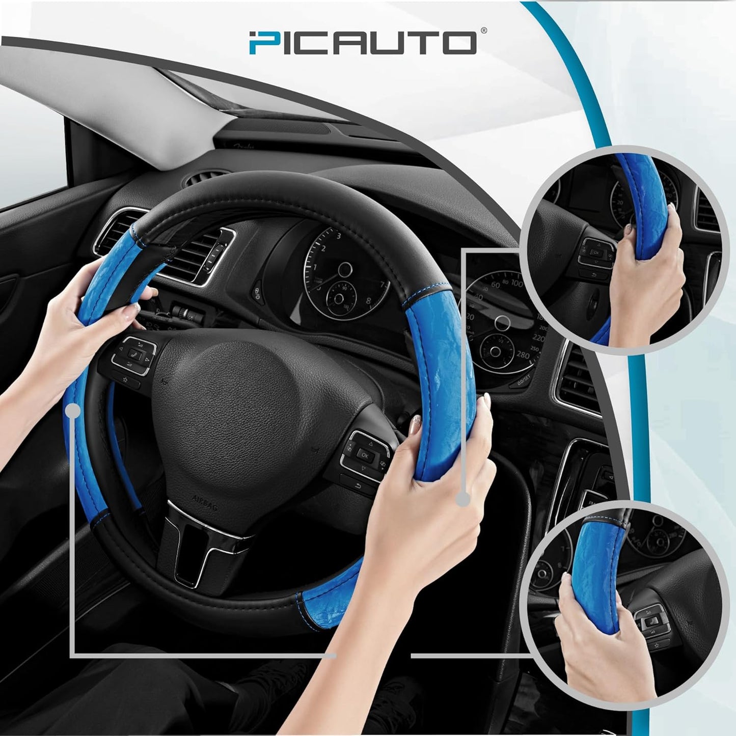 PIC AUTO Steering Wheel Cover, Silk Grain Leather Car Steering Wheel Protector, Comfortable Grip, Universal 14.5-15.5 Inch Anti-Slip Steering Wheels Accessories for Men & Women (Blue)