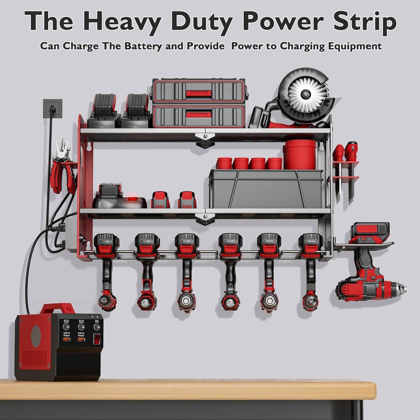 Power Tool Organizer Wall Mount with Charging Station, Cordless Drill and Battery Holder Shelf for Garage Organization,Heavy Duty Metal Tool Rack Storage, Load 300lbs, Built in 5 Outlet Power Strip