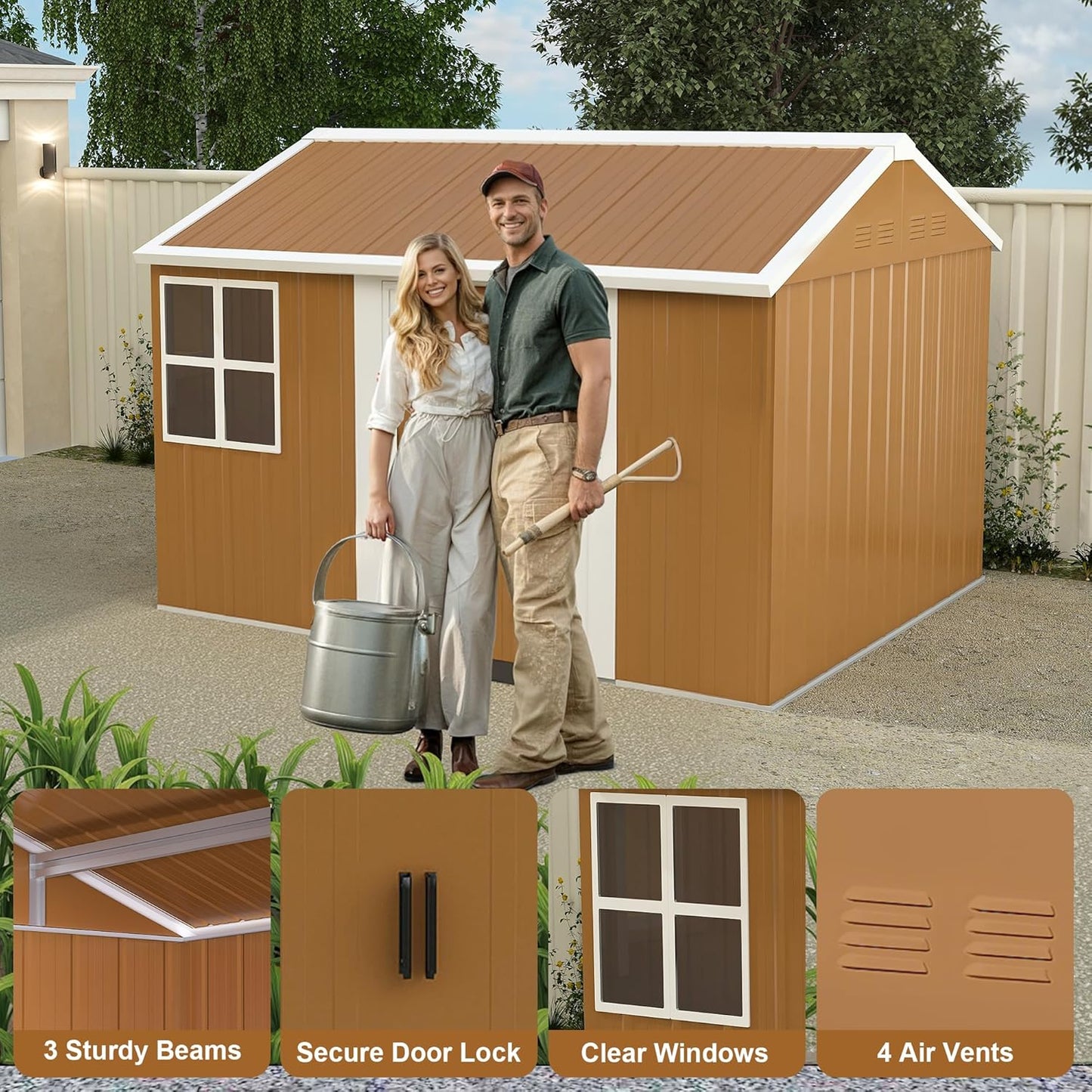 10 x 8 FT Outdoor Storage Shed, Metal Garden Tool Shed with Slooping Roof, Lockable Doors and Windows, All-Weather Weatherproof Blike shed for Garden, Patio, Lawn, Yellow