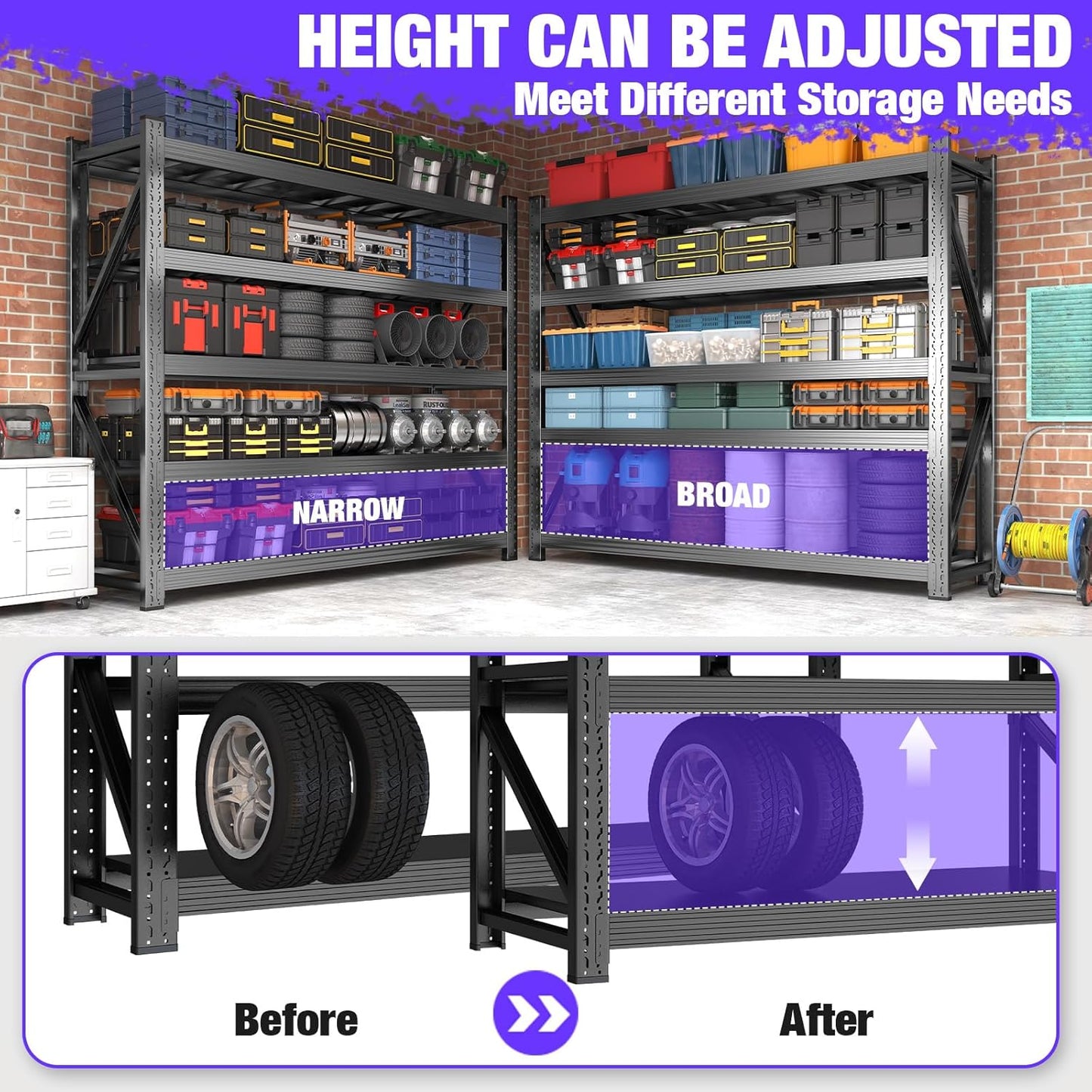 Metal Garage Shelving Unit, Heavy Duty 5-Tier Adjustable Wire Storage Rack, 8000 LBS Loads Industrial Utility Shelves for Garages, Warehouses, Kitchen, Black, 71" W x 24" D x 71" H