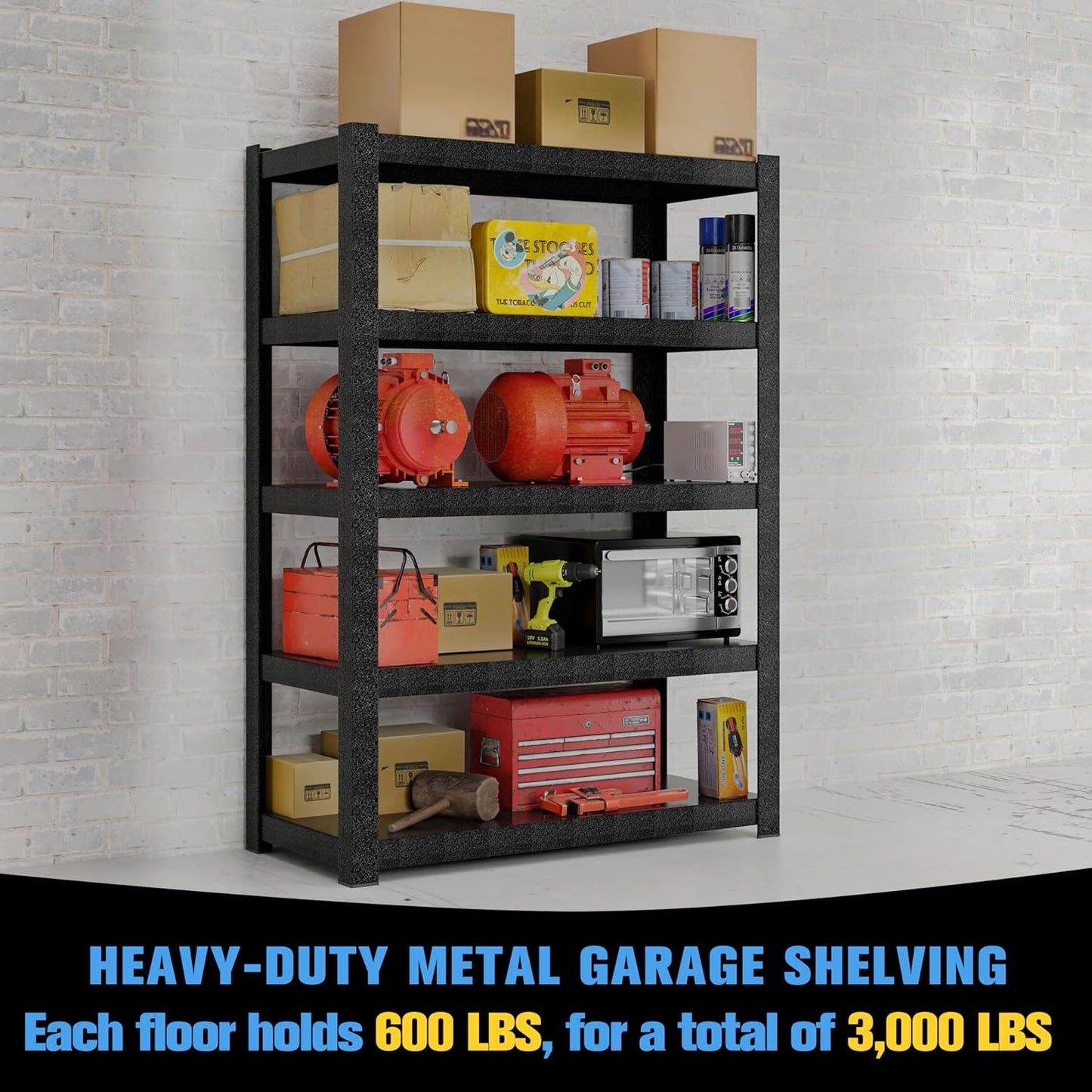 5 Tier Garage Shelves - 72"H x 39.4"W x 18"D, 3000 lbs Heavy Duty, Matte Black, Adjustable Metal Shelving for Industrial Garage Storage