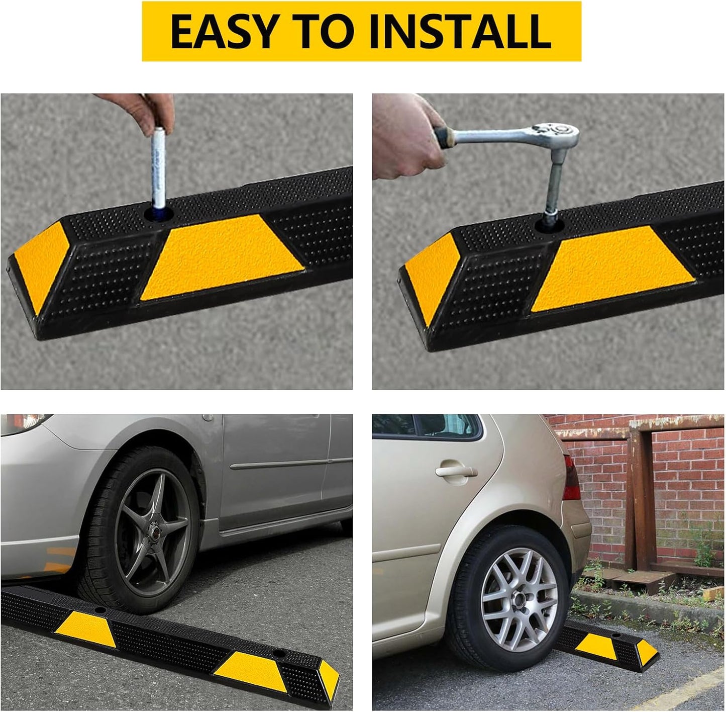 72-Inch Heavy Duty Rubber Parking Curb with Reflective Stripes, 2-Pack 6-Foot Wheel Stopper for Garage, Driveway & Parking Lots