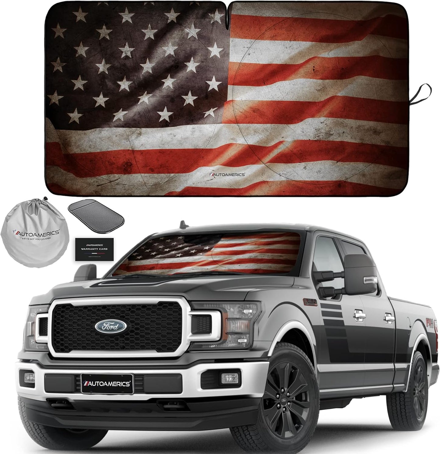 Autoamerics Truck Windshield Sun Shade with Storage Pouch & Anti-Slip Dash Pad - Foldable Grunge USA Flag-1 Design Cover - Fits Most SUVs & Trucks -Reflective 230T Material | X-Large (66 x 36 inches)