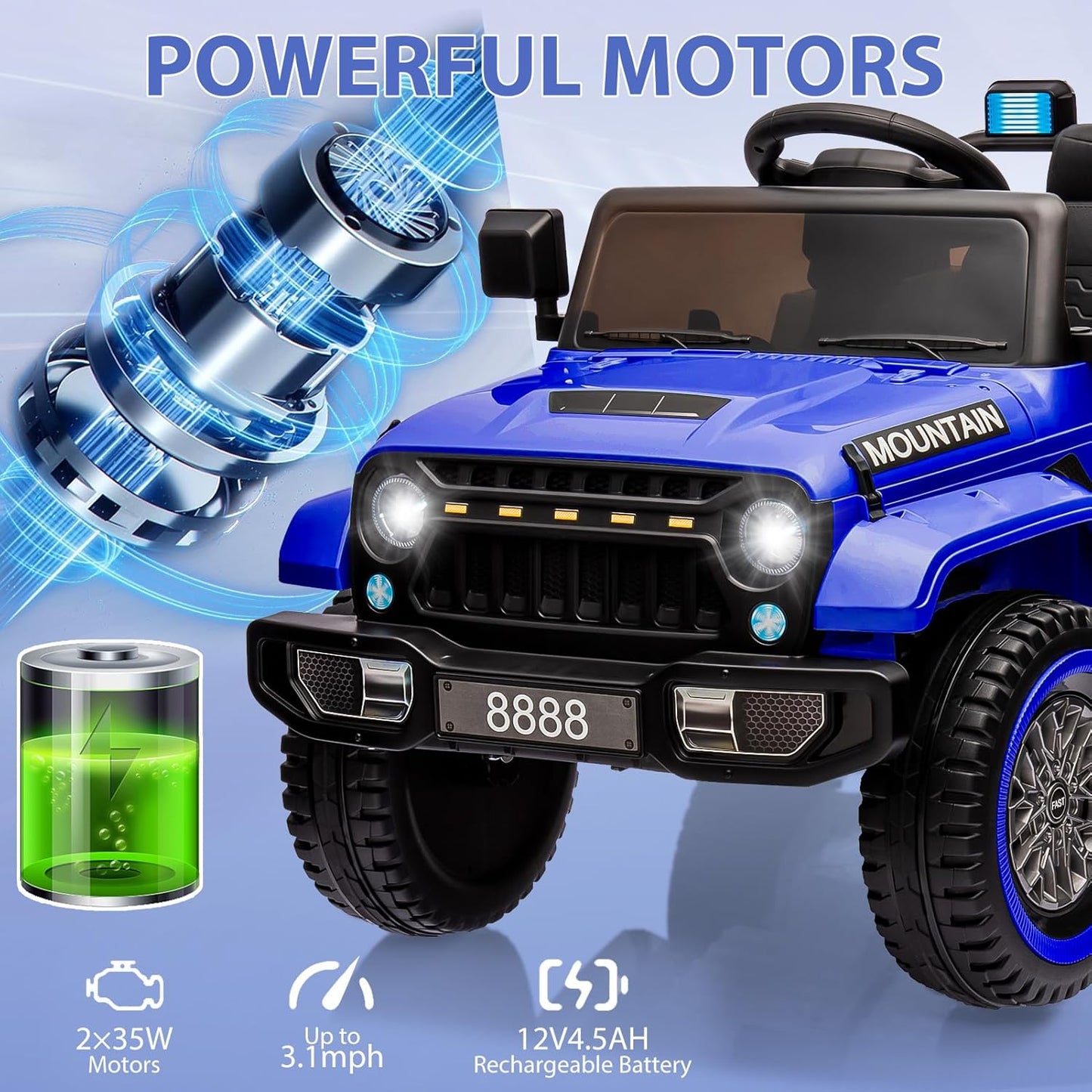 12V Kids Ride on Truck Car, w/Parent Remote Control, Twin 35w Motors, 3 Speeds, LED Lights, Music & Horn, Spring Suspension, Kids Electric Vehicles Toy for 3-5 Years Old Boys Girls Gift, Dark Blue