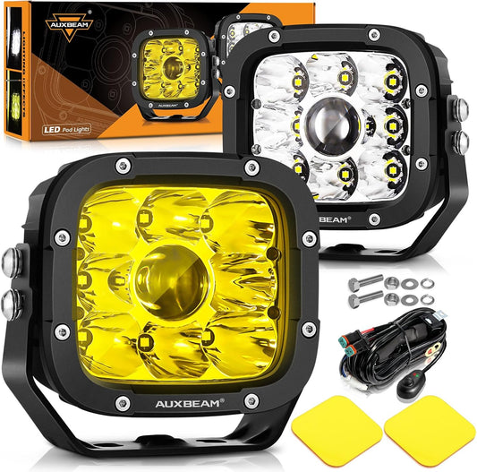 Auxbeam 5 Inch LED Pods, XP-Ultra Series Offroad Driving Light 110W Super Spotlight Cube Light Bar Amber Cover, Super Bright Amber Yellow Fog Lights for Truck Jeep Ford Bumper Roof, 2 Years Warranty