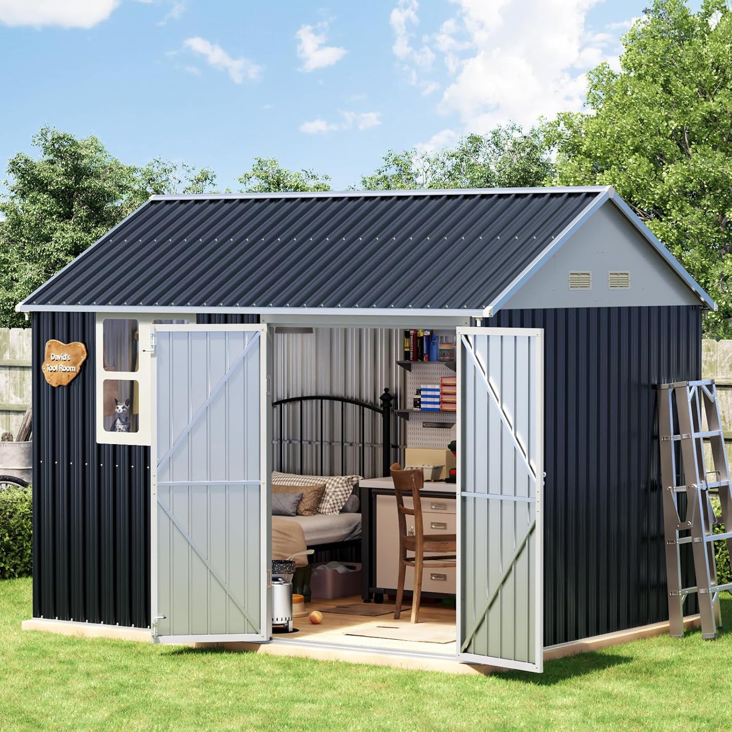 8x10 FT Outdoor Metal Storage Shed, Single Door, 1 Clear Window, Tool Shed for Garden, Patio, Backyard