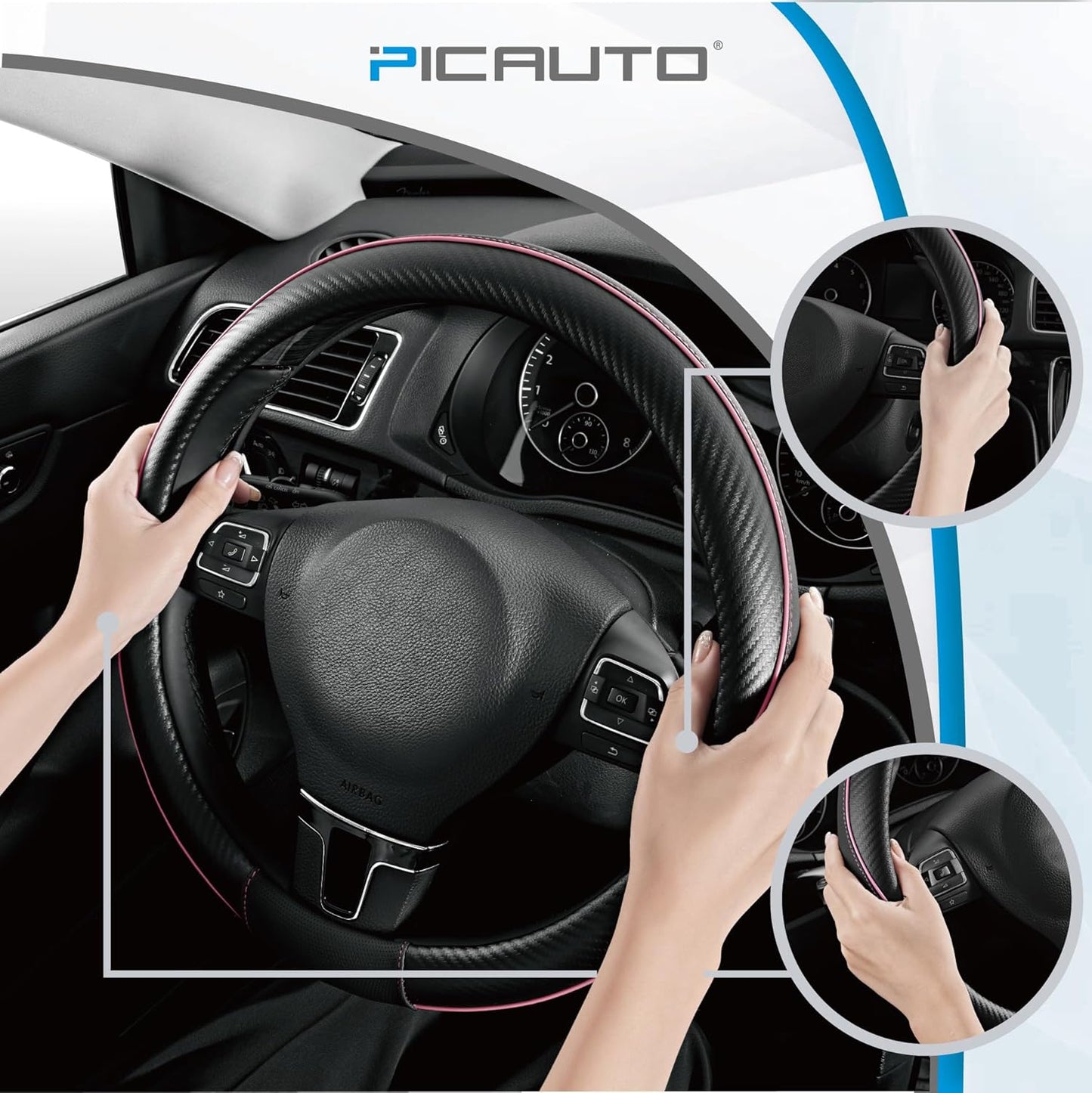 PIC AUTO Steering Wheel Cover, Pink Piping Leather, Sports Carbon Fiber and Super Breathable Leather, Universal 14.5-15.5 Inch Anti-Slip Steering Wheels Accessories for Men & Women