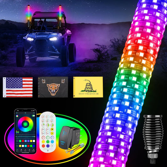 3FT Fat Whip Lights for UTV ATV with Spring Base, Led Fatty Whip Light W/Rocker Switch & 3 Flags, Brighter Spiral Chasing Lighted Antenna Whip with APP & Remote Control for RZR SXS Can-Am