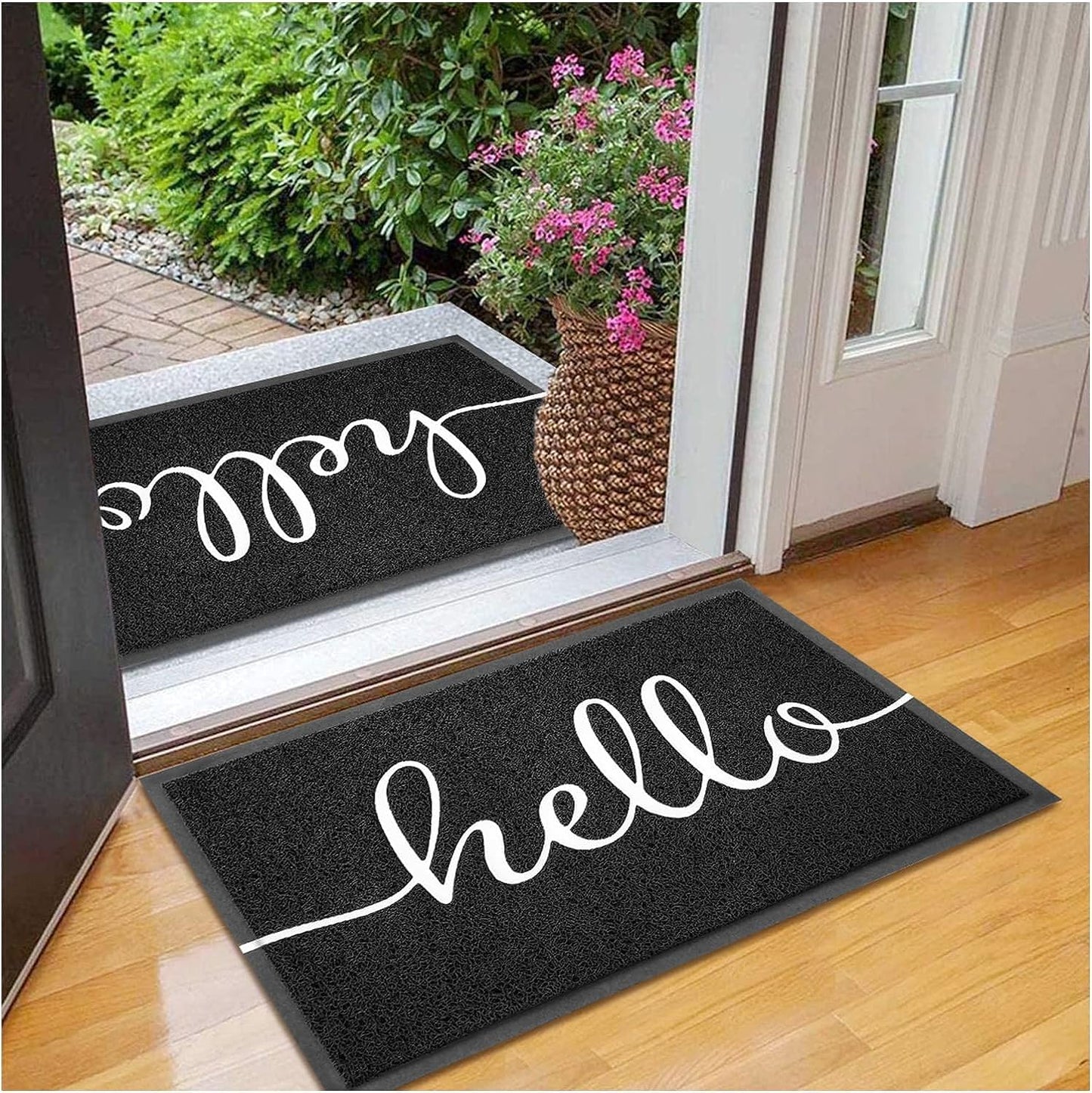 EARTHALL Door Mat 2-Pack Outside Inside Hello Doormat 30"x17.5" Durable Floor Mat Non Slip Mat Ultra Absorb Mud Easy Clean Front Doormat for Garage, Entryway, Patio, High Traffic Areas, Black