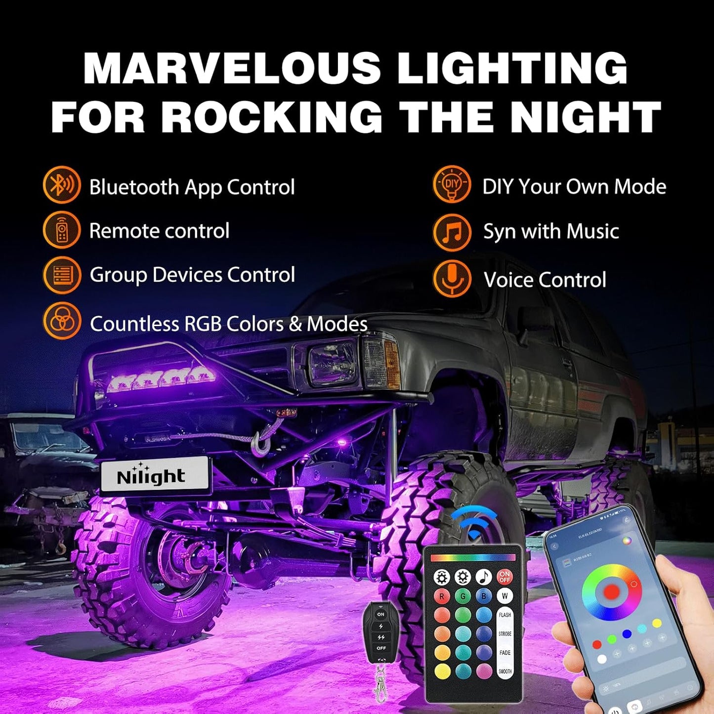 Nilight RGB LED Rock Lights Kit 8 PCS 18LED Wide Angle Wheel Well Light with Remote & Bluetooth App Dual Control Multi Modes Underglow Multicolor Neon Pod for ATV UTV SUV Offroad Truck RZR Boat