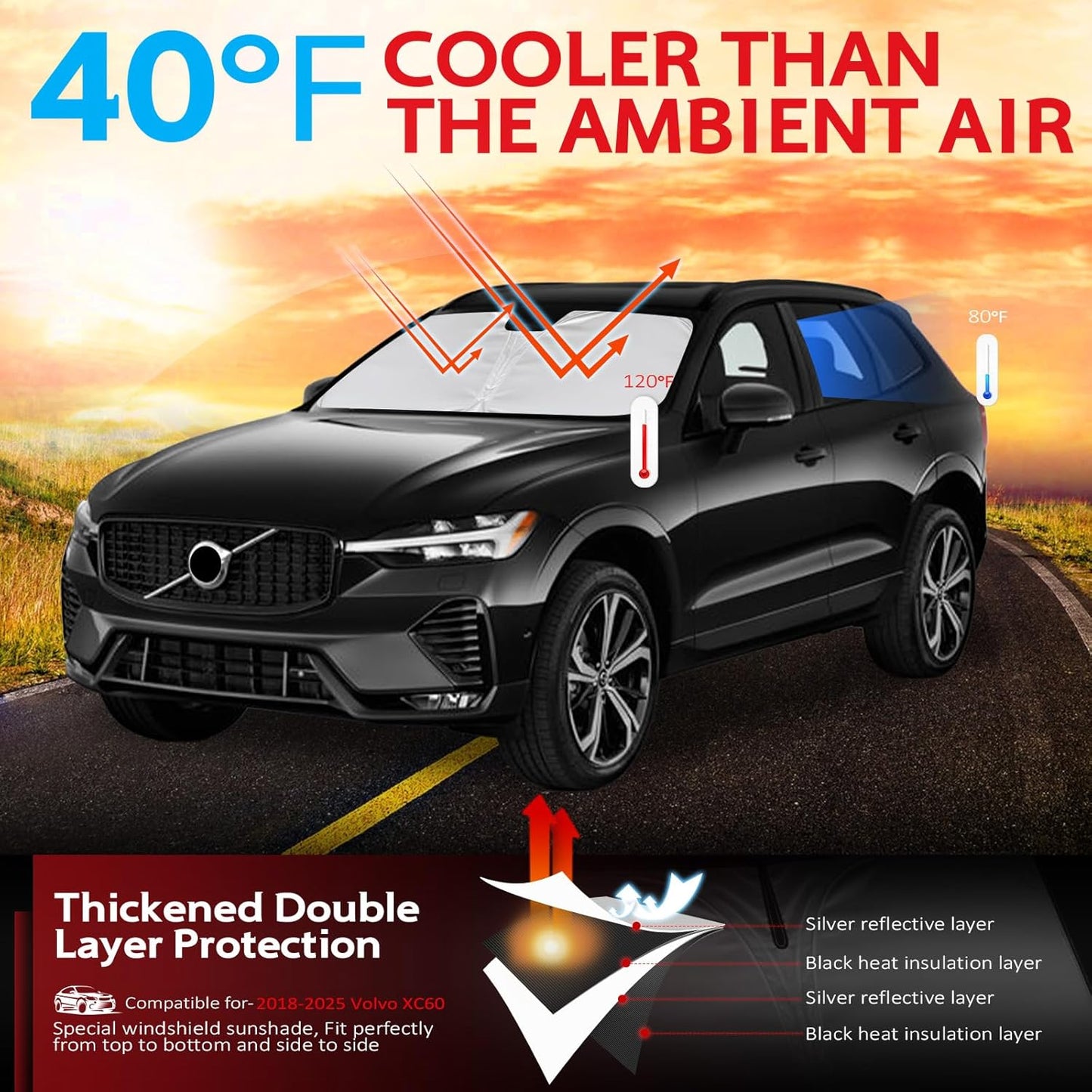 KAYZT Windshield Sun Shade for 2018-2025 2026 Volvo XC60 Foldable Sunshade Front Window Custom Fit Car Accessories