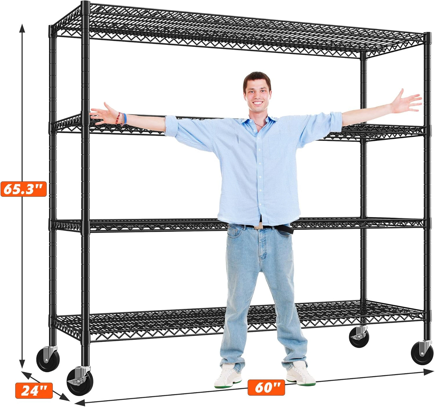 REIBII 60" W Storage Shelves 2878LBS Wire Shelving Unit with Wheels Heavy Duty Metal Shelving Adjustable Metal Shelves for Pantry,Kitchen,Garage,Basement,Business,Warehouse,School,60”W ×24”D×65.3”H