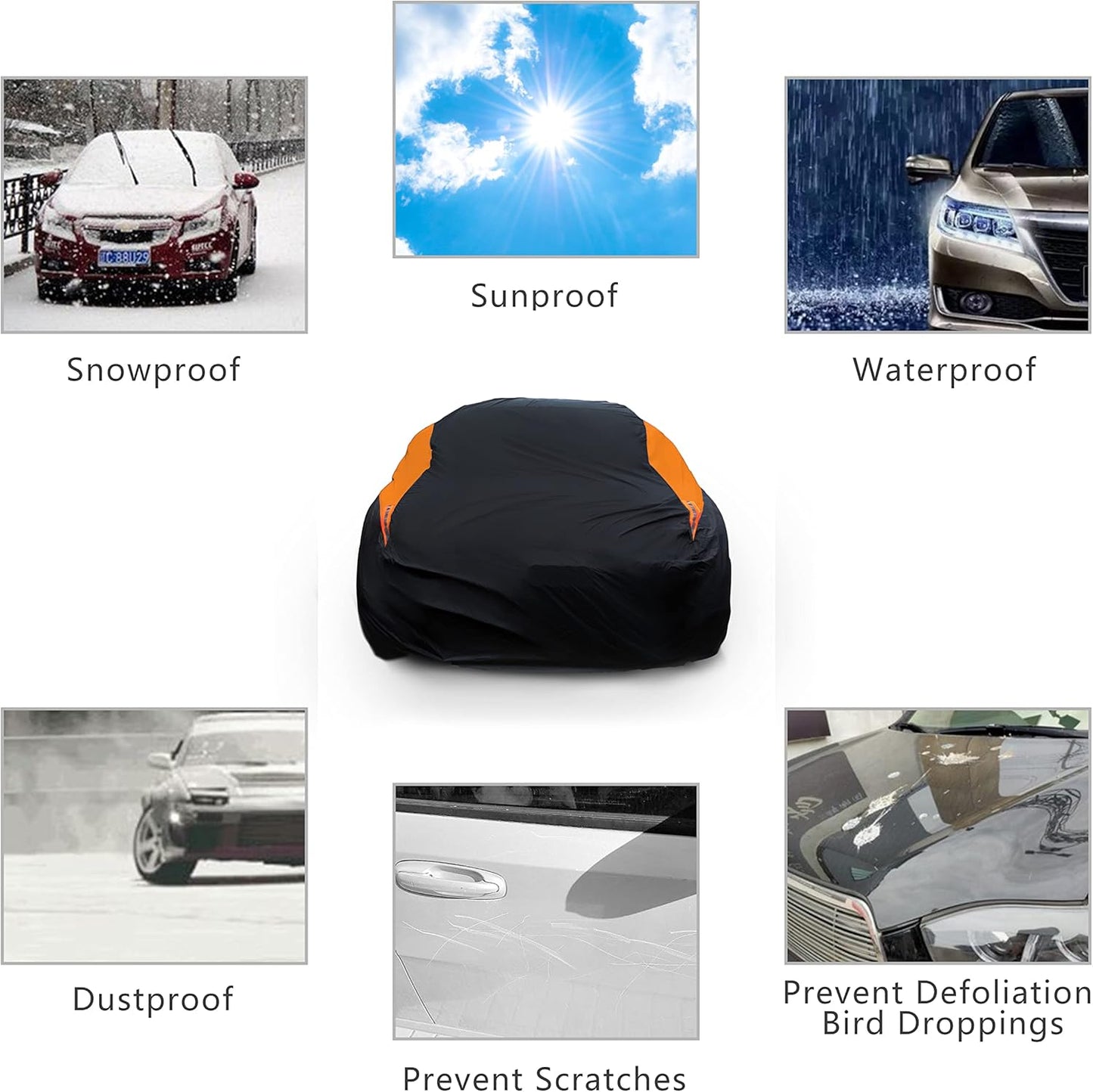 MORNYRAY Waterproof Car Cover All Weather Snowproof UV Protection Windproof Outdoor Full car Cover, Universal Fit for Sedan (Orange, A1-Fit Sedan Length(154-163 inch)