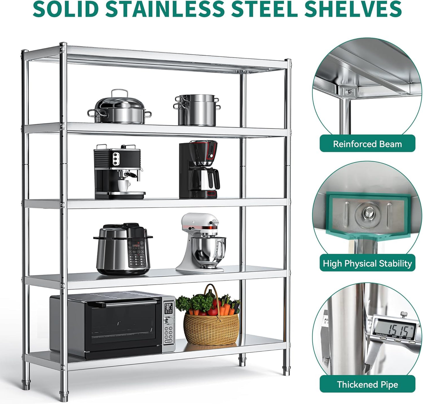 YITAHOME NSF Stainless Steel Shelves, 60"*18"*72" 5 Tier Storage Shelf, Heavy Duty Shelving for Kitchen Garage Office Restaurant Warehouse, 201 Bright Silver