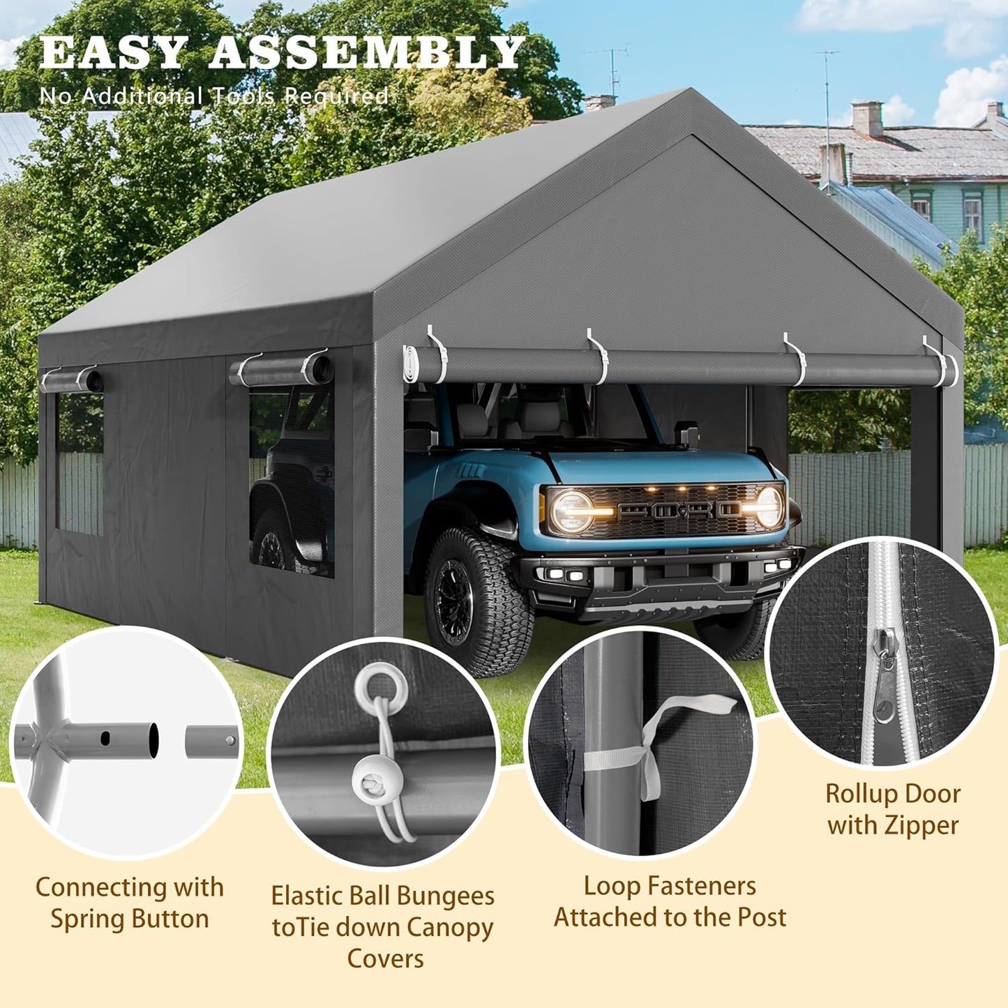 Walsunny Carport, 10x20 ft Heavy Duty Carport Canopy with Roll-up Windows, Portable Garage with Removable Sidewalls & Doors, Car Canopy with All-Season Tarp for Car, Truck, Boat