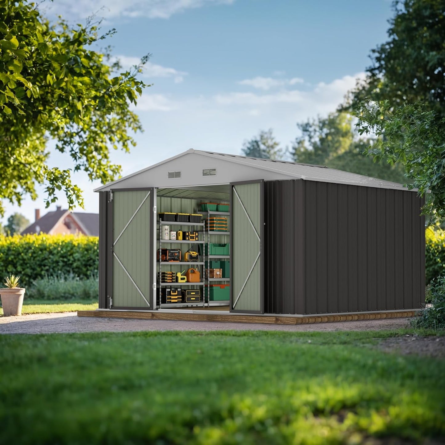 JUMMICO 8 x 10 FT Outdoor Storage Shed, Large Metal Garden Shed & Tool Sheds for Backyard Garden Patio Lawn (Grey)