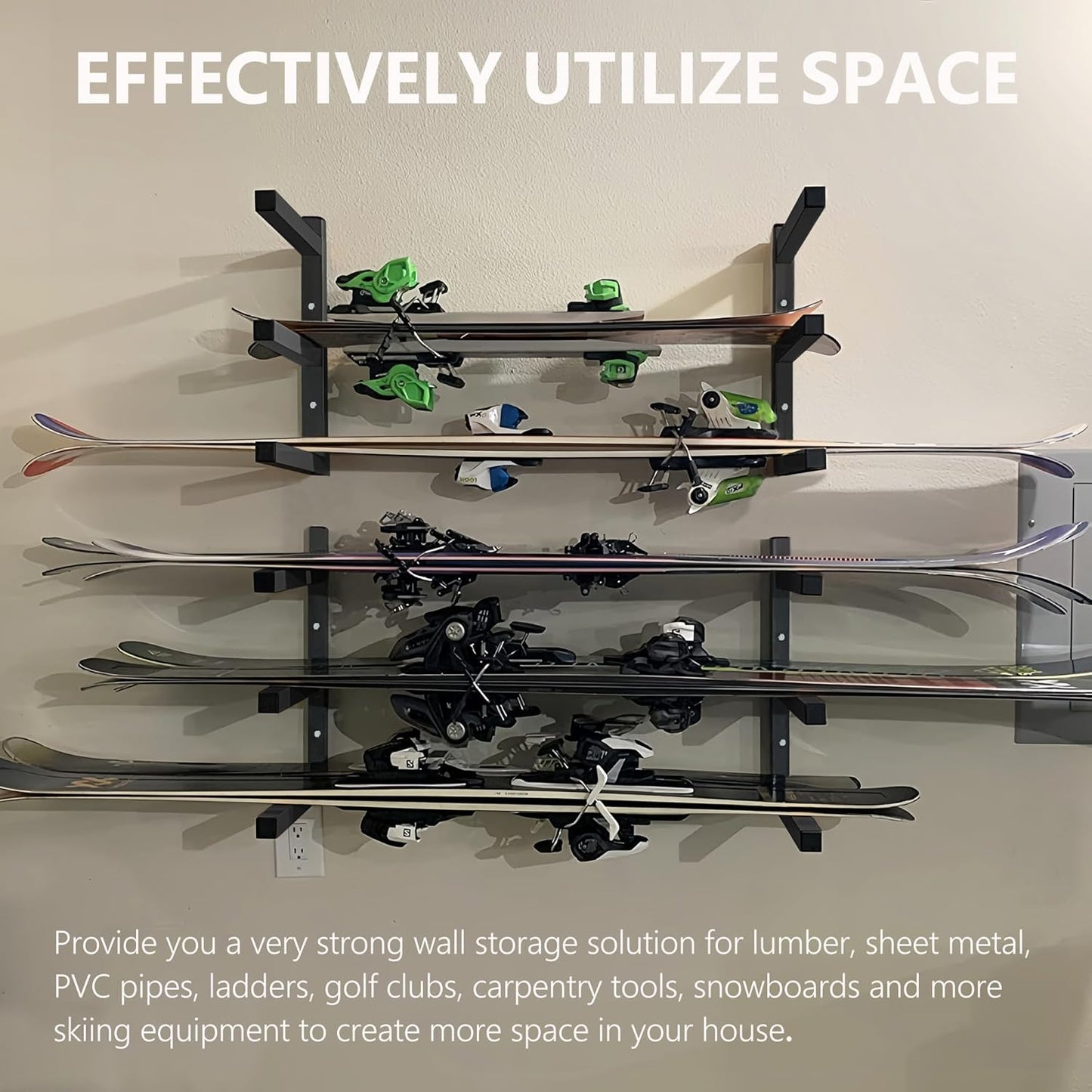 Wood Storage Racks with 3 Level, Garage Organizer Lumber Storage Rack Wall Mounted, Workshop Organizers Wood Wall Shelving, Lumber Metal Racks for Garage, Basement, Indoor and Outdoor (Black, 6 Pack)