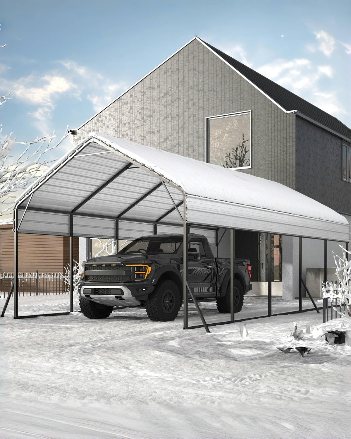 13'x26'x11' Oversized Metal Carport, Steel Heavy Duty Carport for All-Weather, Permanent Shelter for Boats, Pickup Trucks, and Tractors, N.W. 780 Lbs