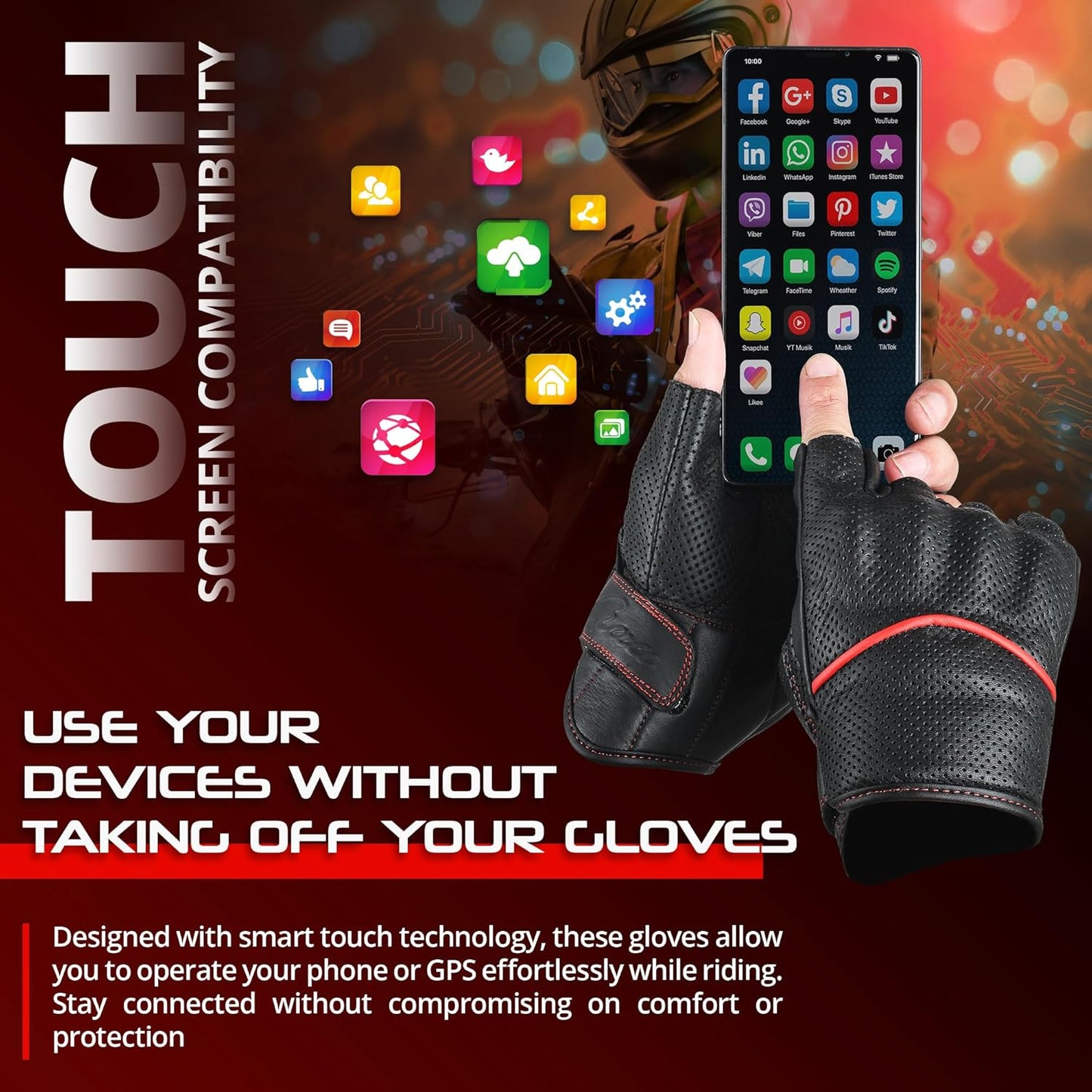 aasportx Motorcycle Gloves - Men's Leather Motorbike Gloves with Touchscreen Function - Non-Slip Pads for Men & Women