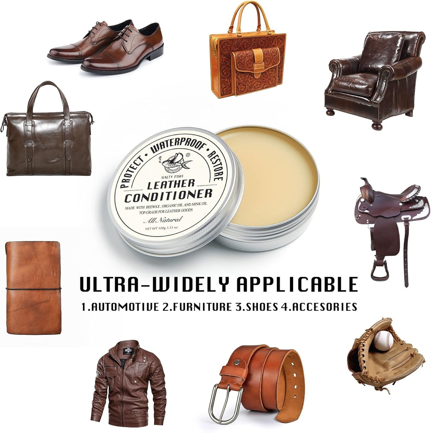 SALTY FISH All-Natural Leather Conditioner and Cleaner,Made with Mink Oil Beeswax,Protect Soften Waterproof Leather Furniture,Car Seats,Shoes,Boots,Bags (7.5 Oz)