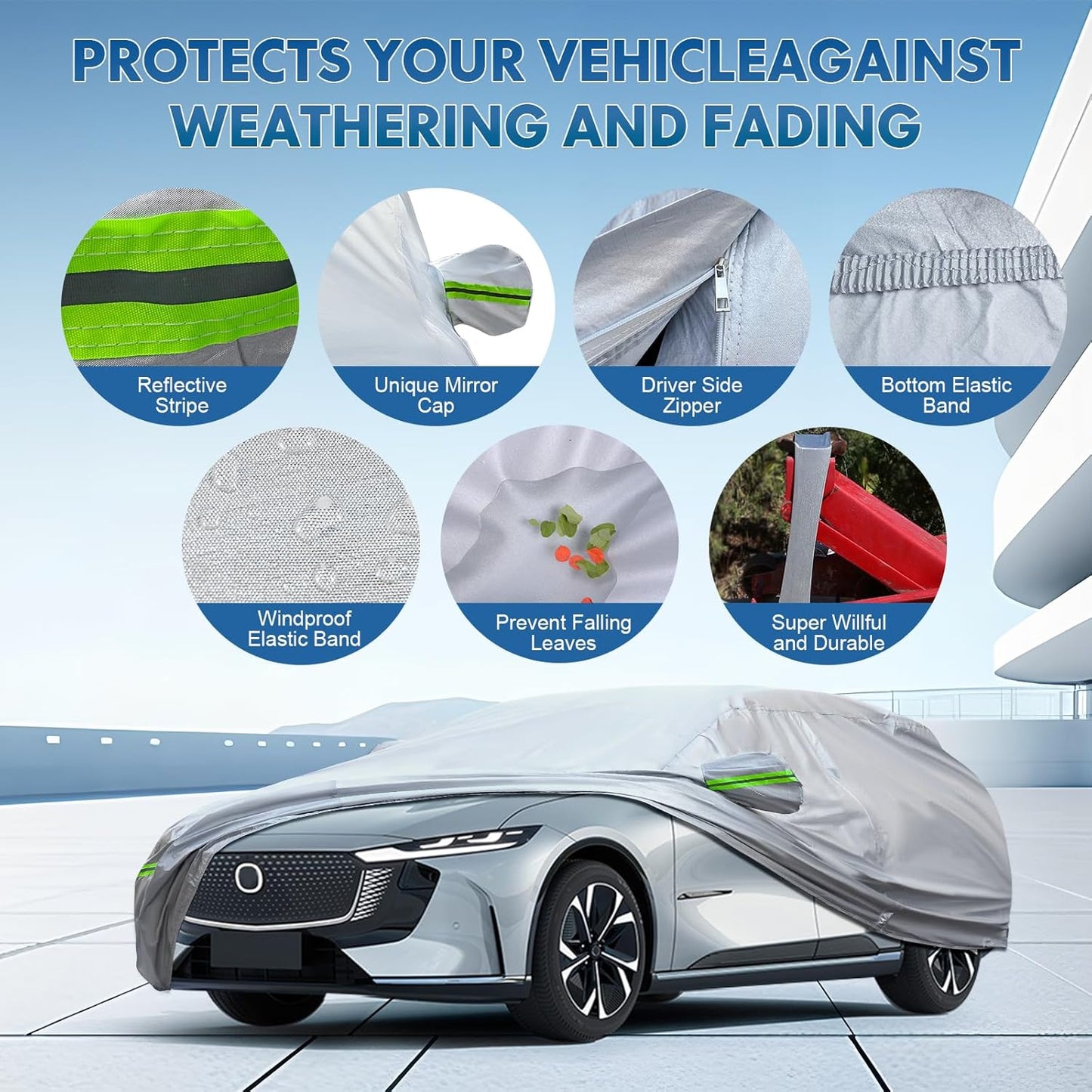 KEYOOG 6-Layer Full Car Cover is All-Weather Waterproof, Universal in All Seasons, Snow Prevention, Rainproof, Acid Rainproof, Sunscreen, Ultraviolet-Proof, Fit SUV and MPV 201-211"/16.7-17.5 ft