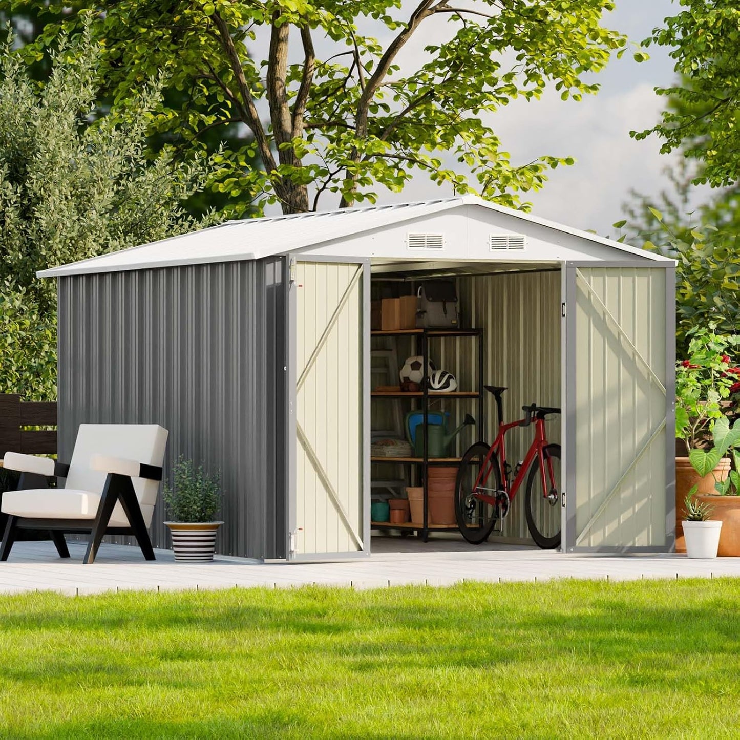 Patiowell 8x10 FT Outdoor Storage Shed with Floor Frame, Large Garden Tool Metal Shed with Sloping Roof and Double Lockable Door, Outdoor Shed for Backyard Garden Patio Lawn,Grey