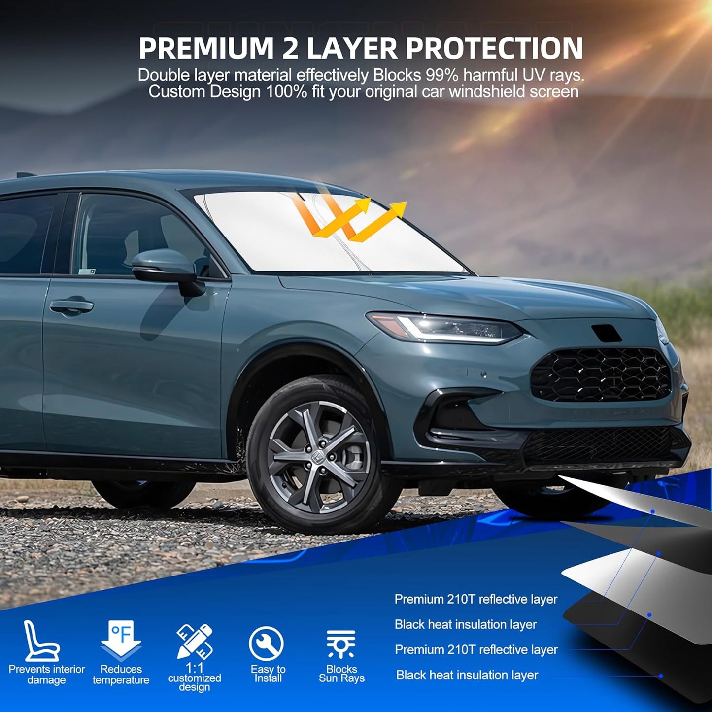 Windshield Sun Shade for Honda HR-V (LX Sport EX EX-L) 2023-2025 2026 Foldable HRV Sunshade Custom Fit Front Window Car Interior Accessories Protector Blocks UV Rays