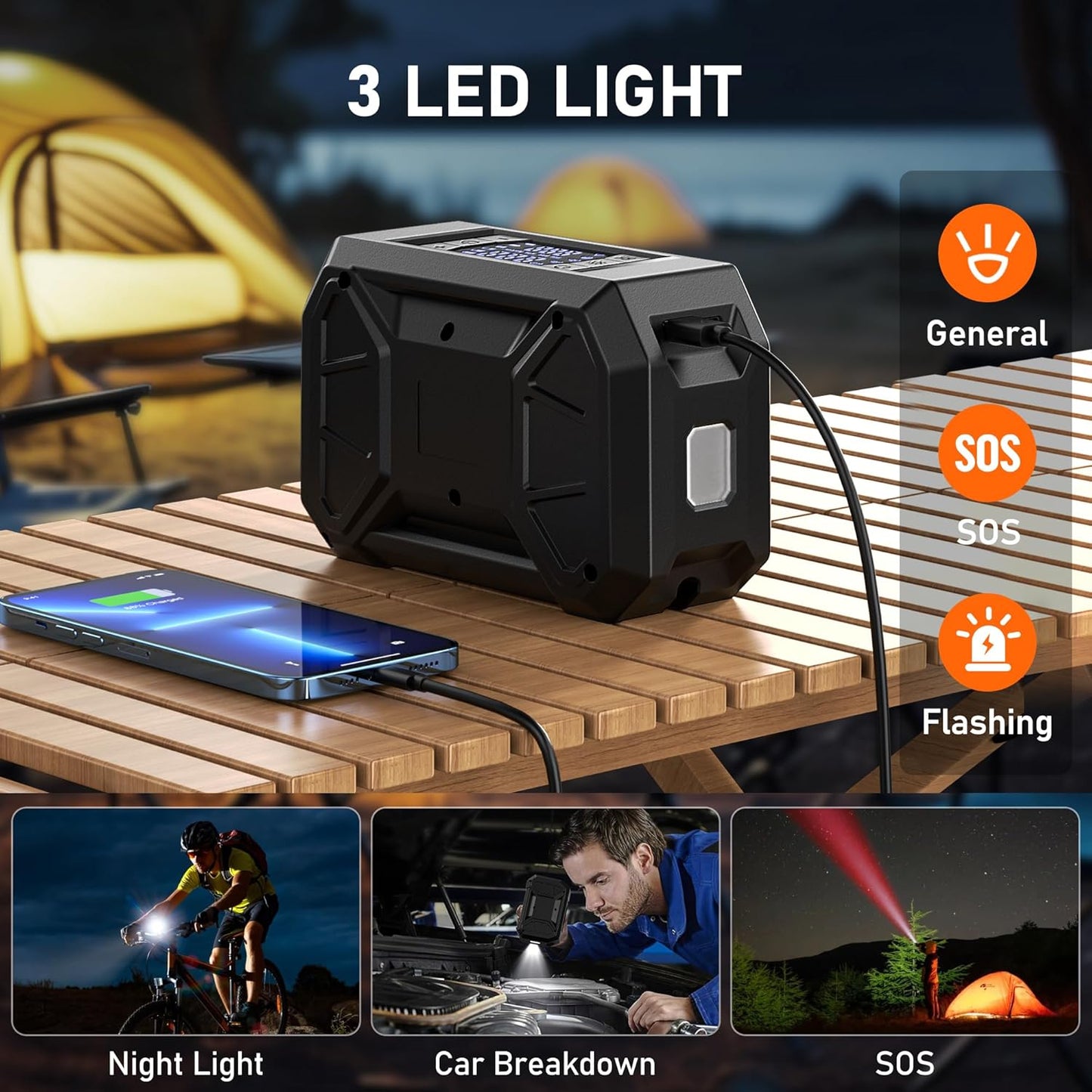 Tire Inflator Portable Air Compressor, 150 PSI Cordless Tire Pump for Car Tire 12V DC Dual Power Battery Tire Inflator Air Pump with Pressure Gauge LED Light for Car, Motorcycle, Bike, Ball