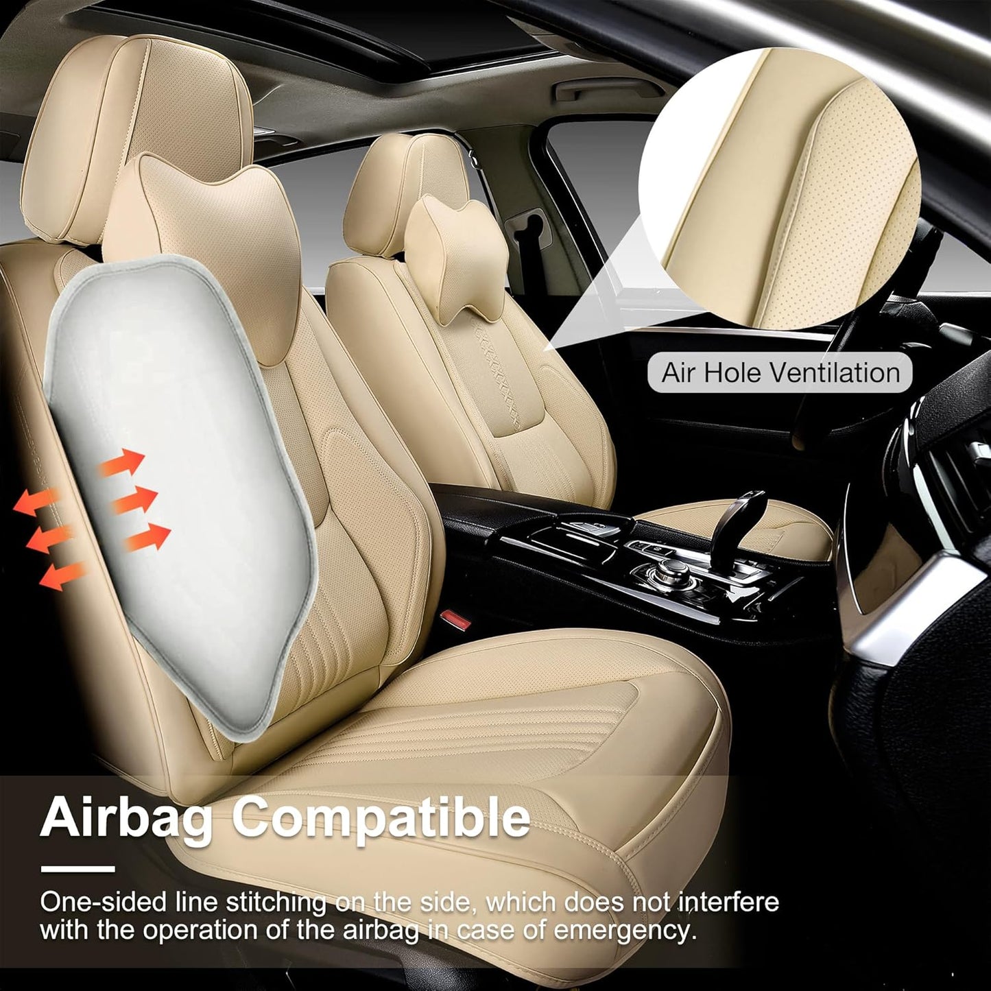 Car Seat Covers Full Set, Front and Rear Seat Covers for Cars, Waterproof Leather Auto Seat Protectors with Head Pillow, Car Seat Cushions Fit for Most Sedans SUV Pick-up Truck, Beige