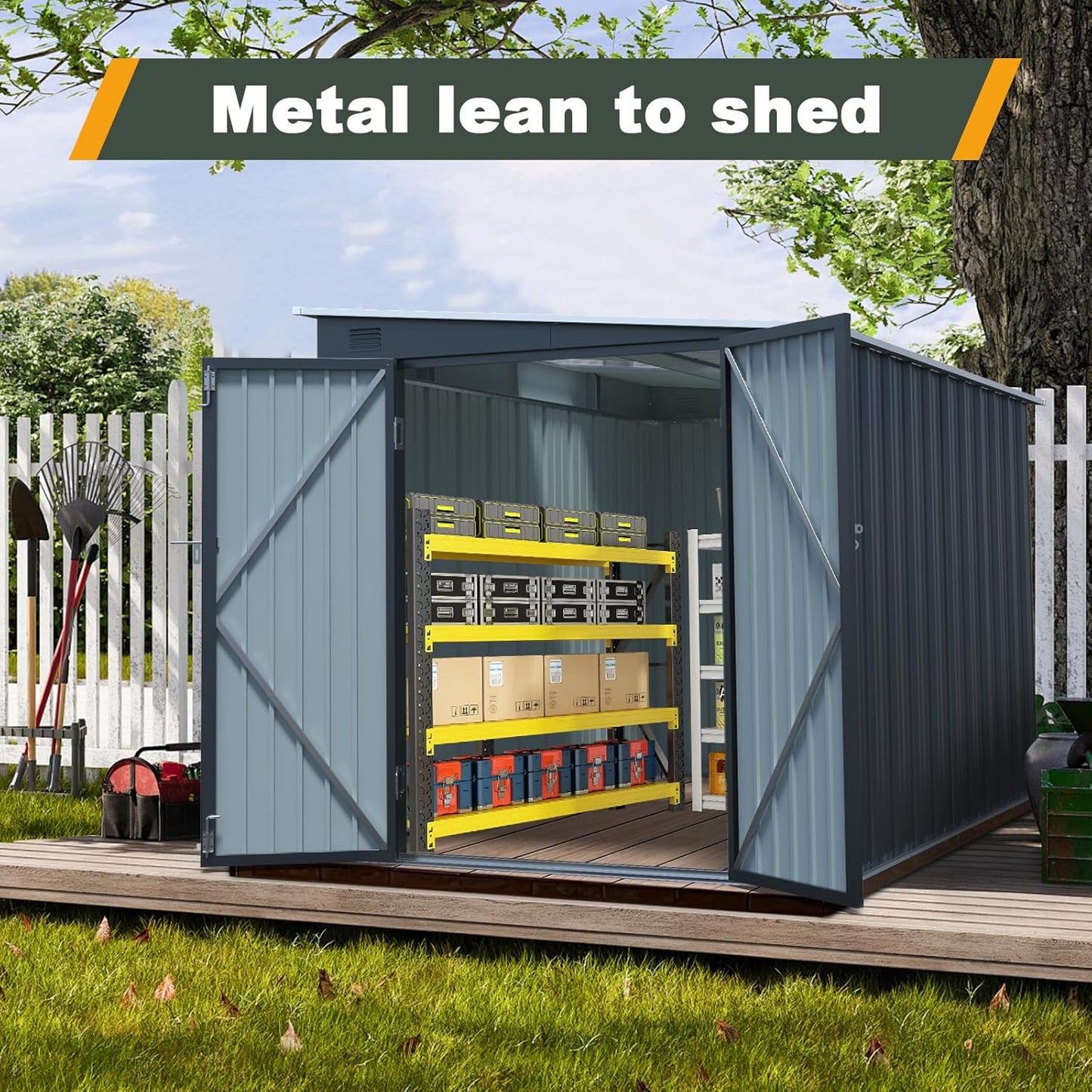 6x8FT Outdoor Storage Shed with Lockable Double Doors, Metal Lean to Garden Shed with Free PC Light Board for Tools, Small Outside Storage Shed Waterproof for Backyard, Garden, Patio