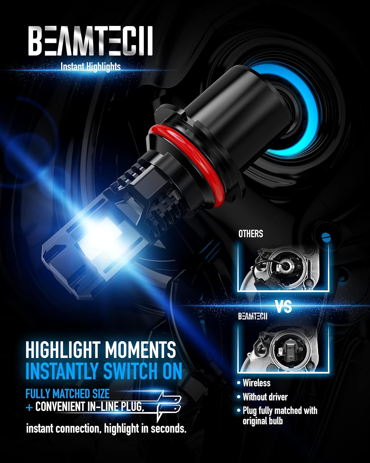 BEAMTECH Bulb, 9007 Fog Light Bulbs Powersports Light Bulb Fanless in Line 6500K Pack of 2