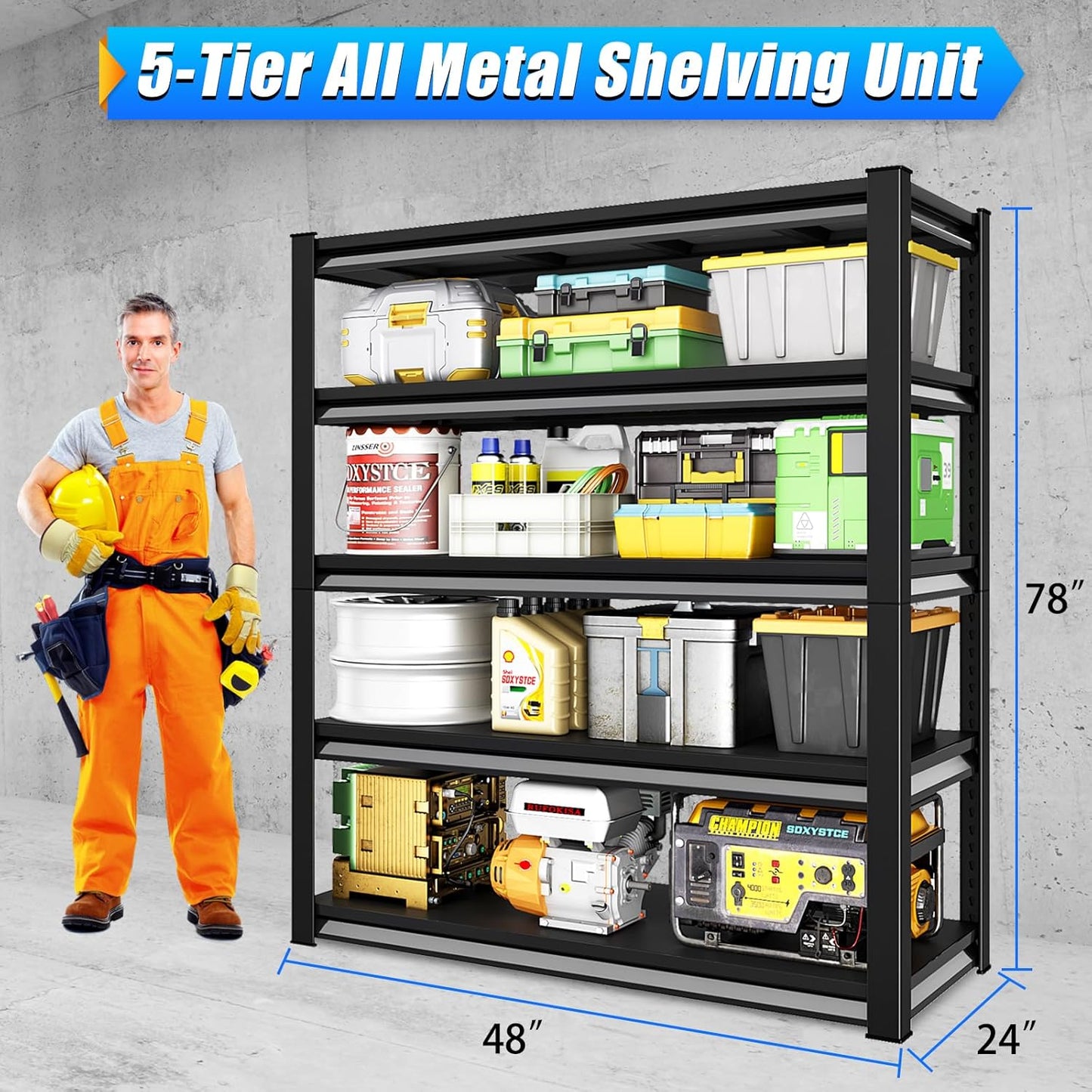 48" W Garage Shelving Heavy Duty，3000LBS Loads Adjustable Garage Storage Shelves,5-Tier Metal Storage Racks and Shelving Units, Utility Rack Shelves,48”W x 24”D x 78”H,Black