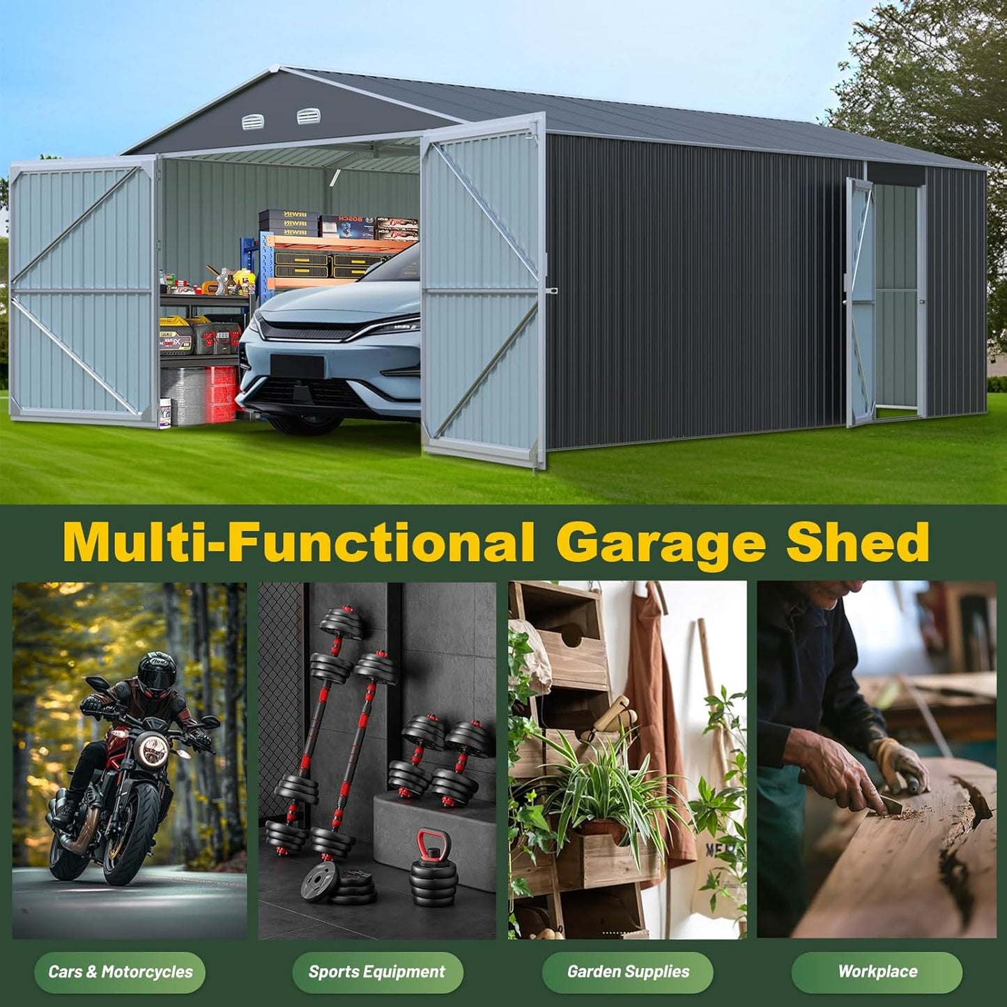 Metal Garage Shed 20x13 FT, Sheds & Outdoor Storage Clearance, Outdoor Storage Shed for Car, Truck, Bike, Lawnmower, Backyard Tool House Building 2 Doors and 4 Vents Dark Gray