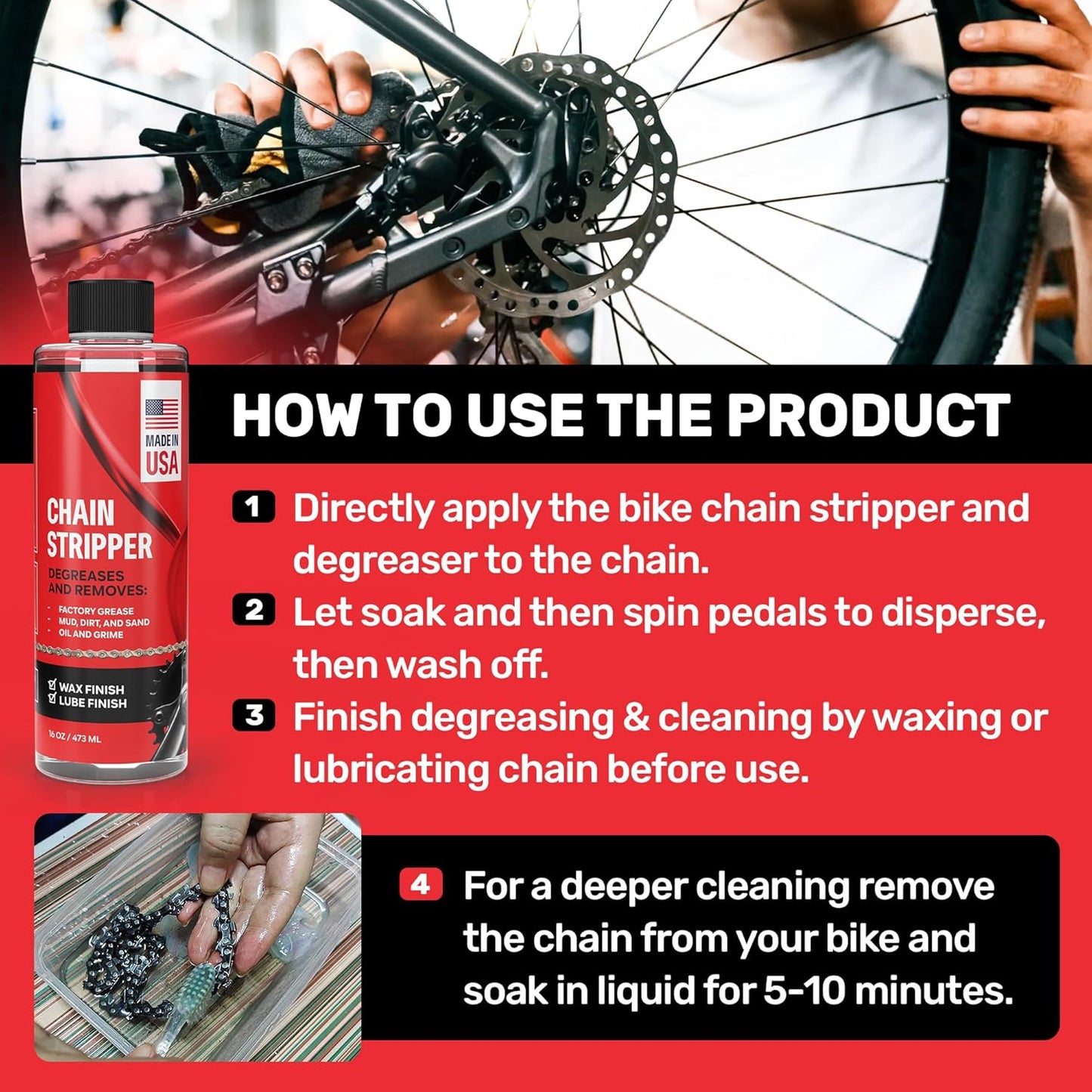 Professional Bike Chain Stripper + Degreaser - 16oz Chain Cleaner & Wax Prep, Works in Minutes, Made in USA, Easy Drip-On Application On Bike, Soak for Deep Clean, Strip + Prep for Bike & Motorcycle