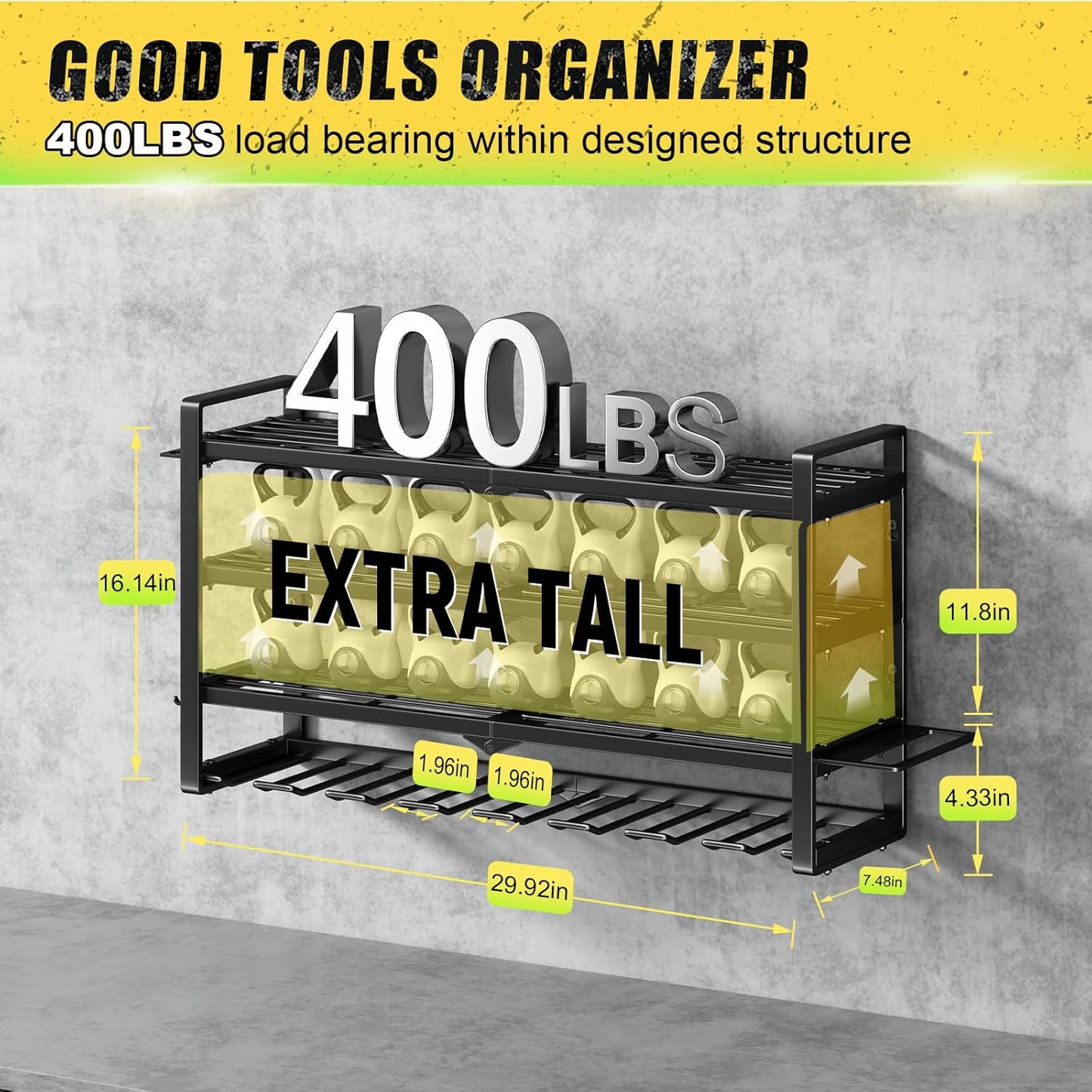 Power Tool Organizer Wall Mount - 400Lbs Load 4 Layers Storage Rack with 8 Drill Holders for Drills Cordless Tools. Heavy Duty Iron Garage Tool Organizer Storage for Workshop Shed Pegboard Basement