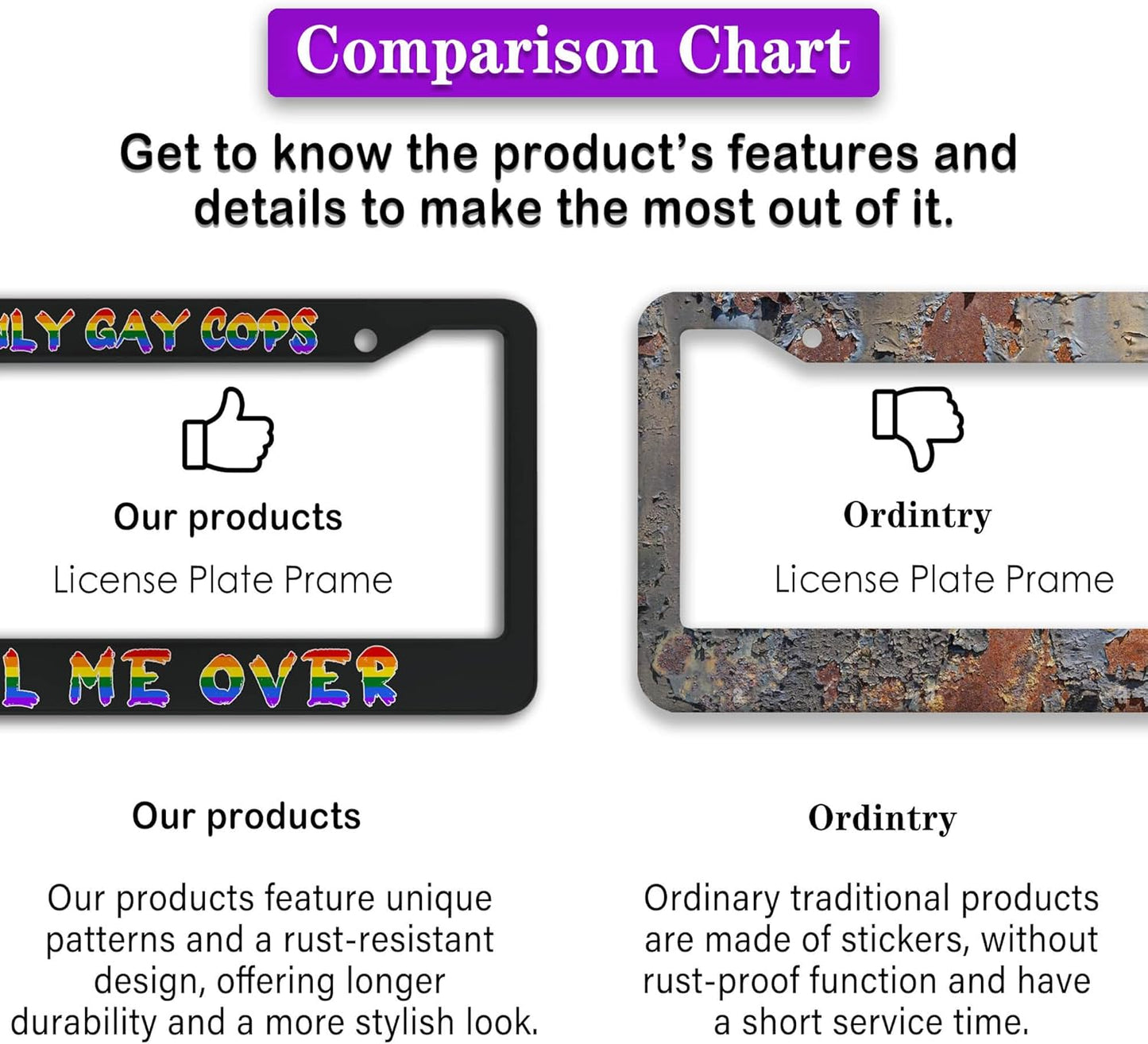 License Plate Frames Black and White Automotive Exterior Accessories Only Gay Cops Pull Me Over Universal Aluminum Car Accessory 2 Pack with Screw Covers Set