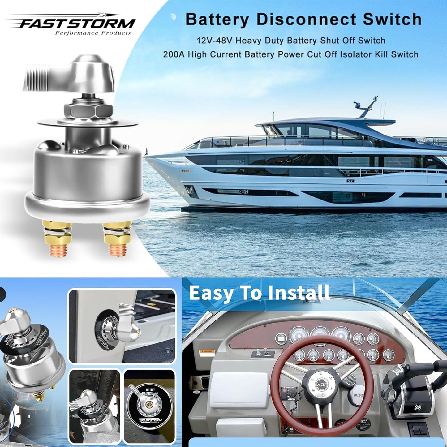 200A Battery Disconnect Switch 12V 48V Battery Shut Off Switch Master Power Isolator Marine On Off Kill Switch for Car, Boat, Vehicle, Truck, ATV, RV