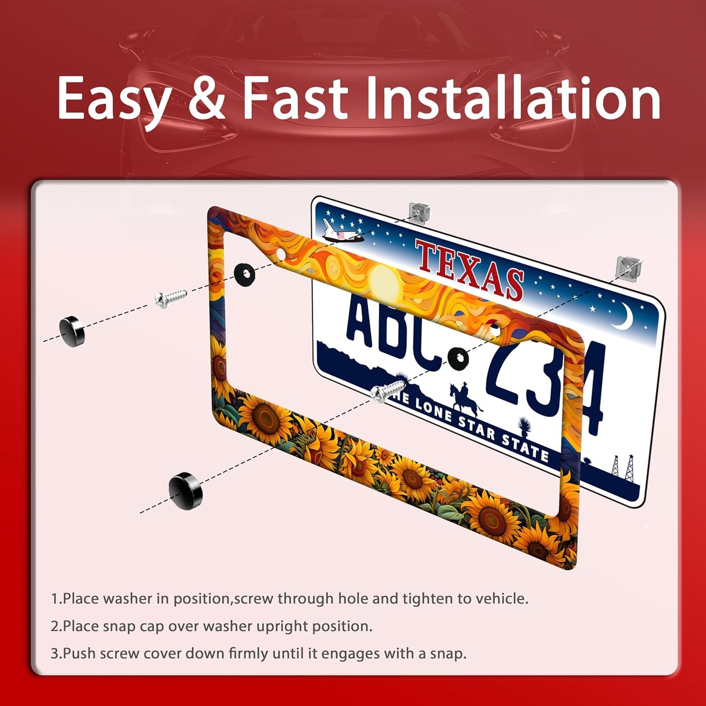 Sunflower Sun License Plate Frame Funny Yellow Flower License Plate Frames Stainless Steel Accessories Cars Decor with 2 Holes and Screws Fits Standard Us Ca Vehicles License Plate Holder 12.2 X 6 in