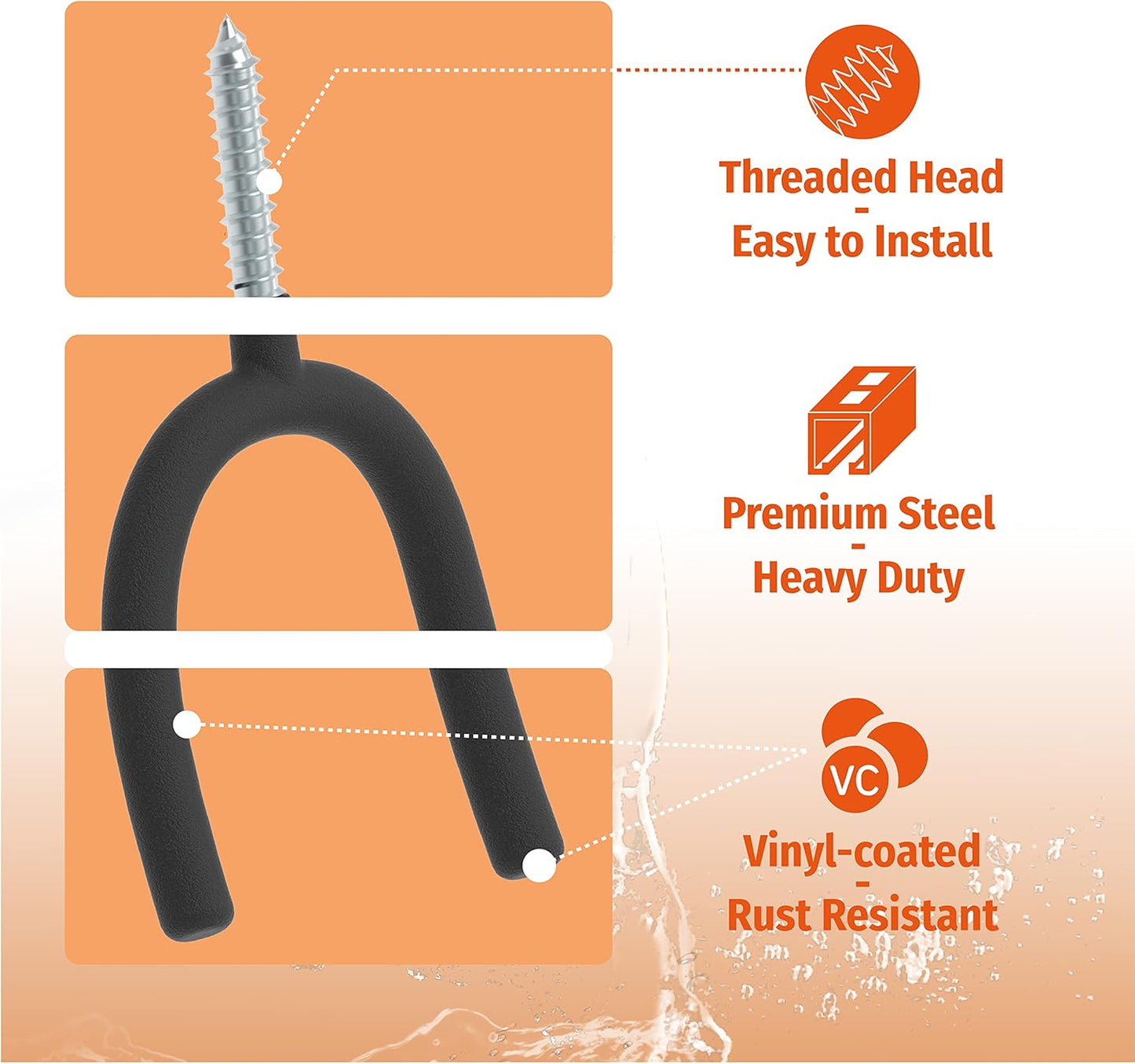 HUHOLE Screw in U Hook, Black Heavy Duty, 6PC, Shovel Holder Wall Mount, U Hooks for Hanging Garden Tools