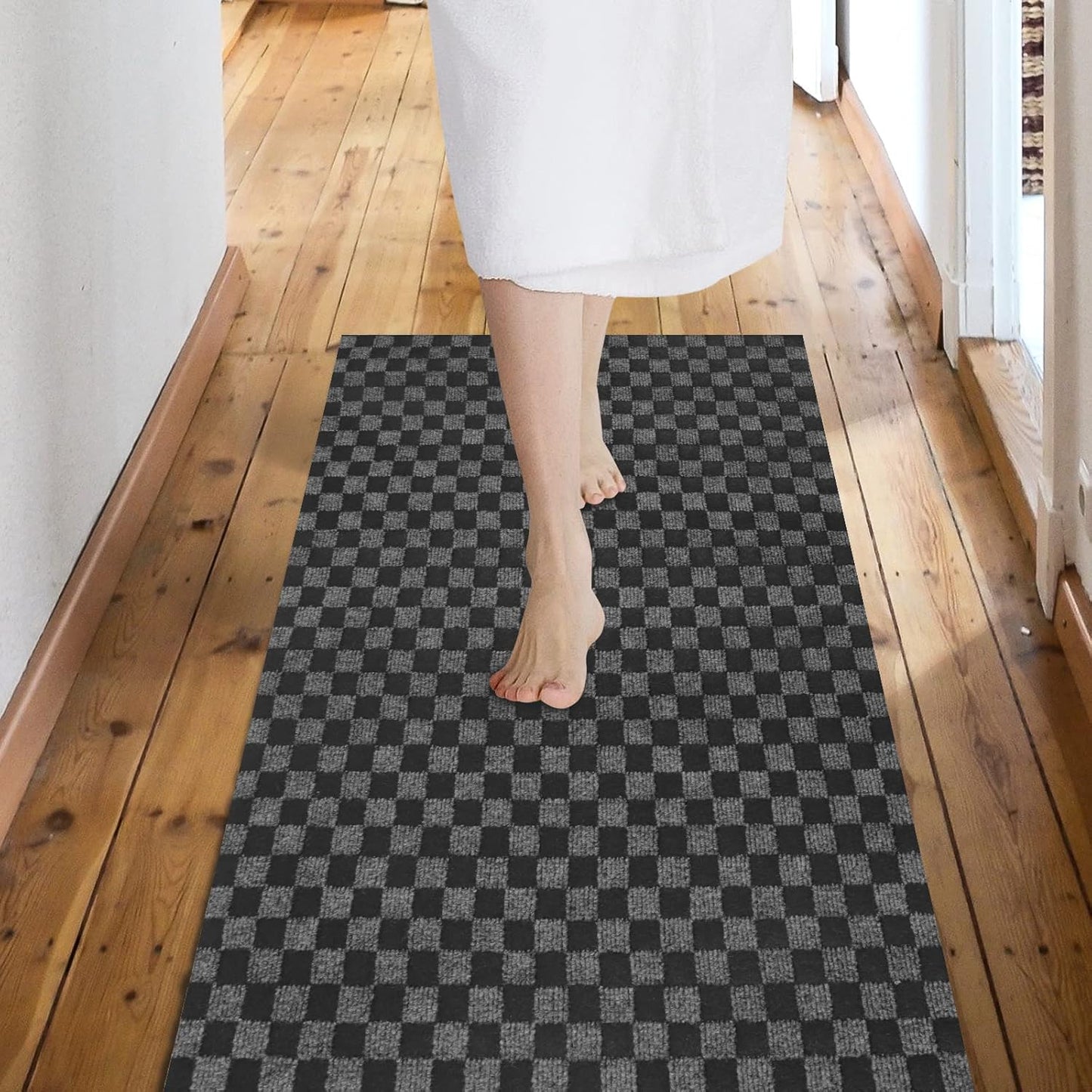 Custom Size Backed Non-Slip Area Rugs Runner, Easy Clean, Waterproof Runner Rugs for Hallway Entryway, Kitchen, Laundry, 3FT x 63FT, Gray Checkered