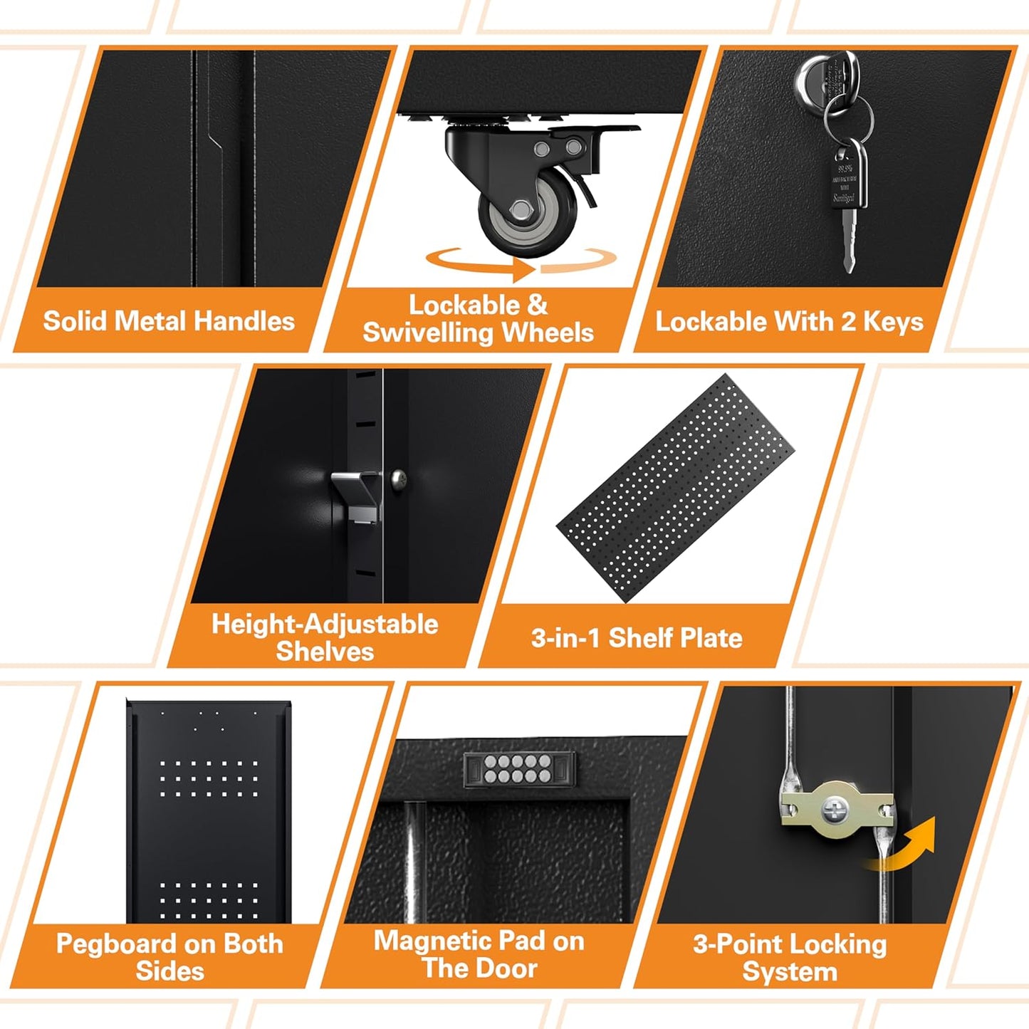 71" H Metal Tool Storage Cabinet with Lock and Wheels, Heavy Duty Garage Cabinet with 4 Doors and 2 Adjustable Shelves, Tool Organizer with Pegboard for Garage, Warehouse(Black, 71" H)